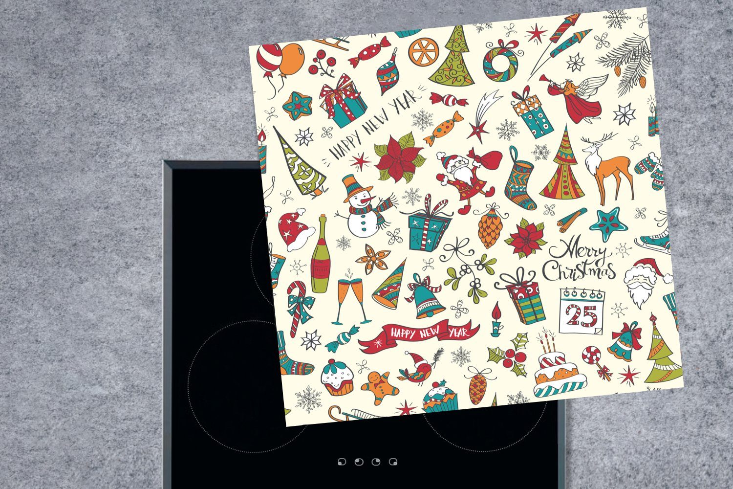 MuchoWow Herdblende-/Abdeckplatte Muster mit Illustrationen einem Arbeitsplatte Thema, tlg), weihnachtlichen für 78x78 cm, Vinyl, Ceranfeldabdeckung, (1 zu küche