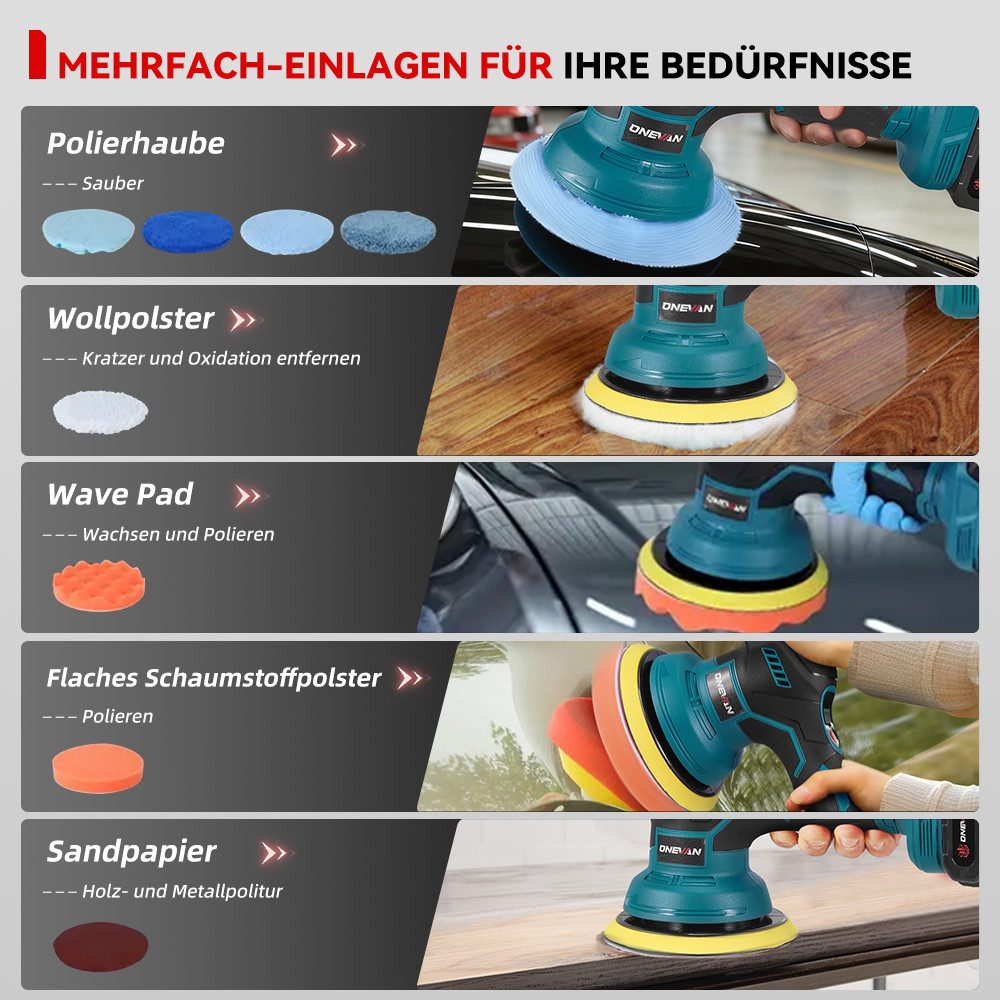 ONEVAN Cordless Polisher 150 mm Eccentric with 8 Variable Speeds up to 7800 rpm, 2500 min. rpm, 7800 max. rpm, Ø 150 mm, (with 2 batteries), for professional car detailing and effective scratch removal