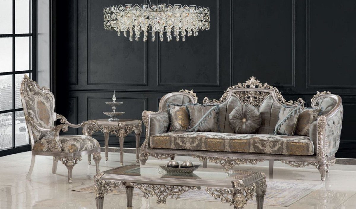Casa Padrino Couchtisch Luxus Barock Set Grau / Silber / Gold - 2 Sofas & 2 Sessel & 1 Couchtisch & 2 Beistelltische - Handgefertigte Möbel im Barockstil - Edel & Prunkvoll