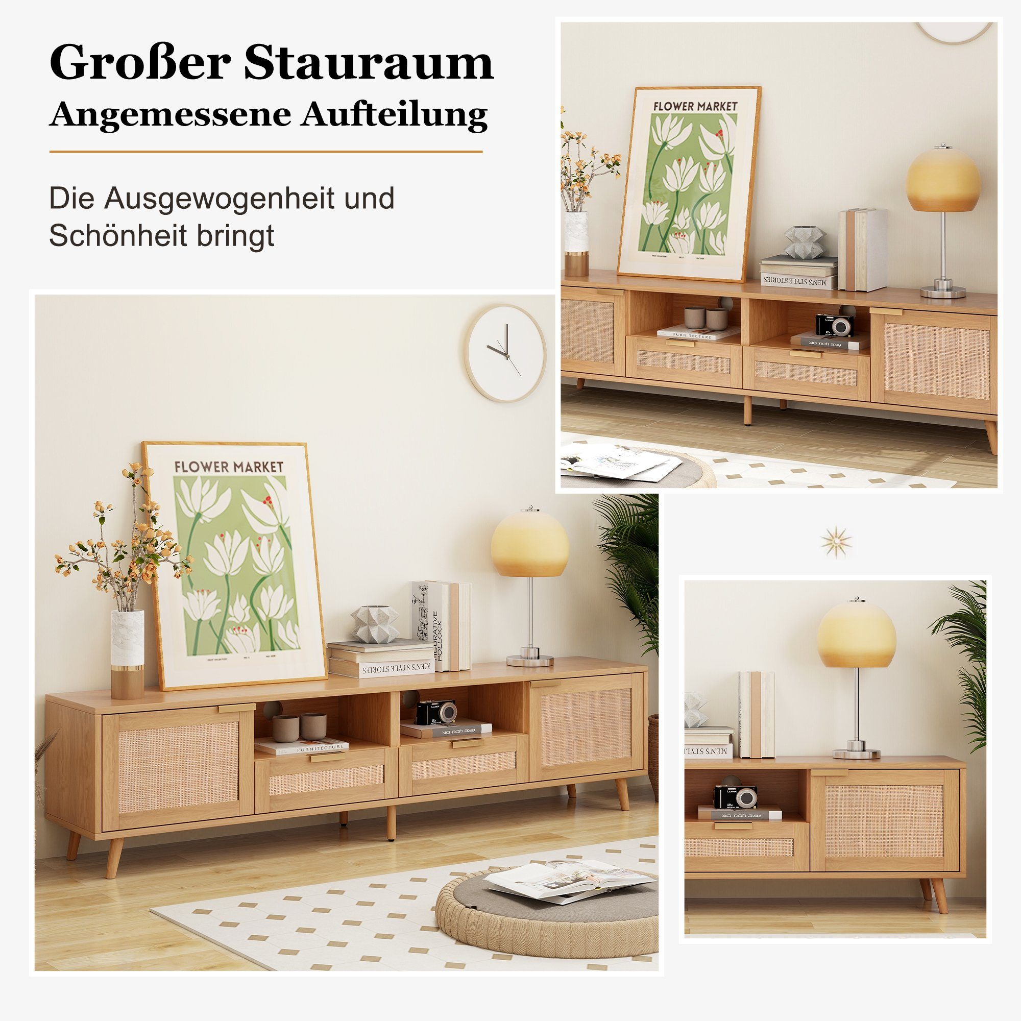 massiven Holzfüßen, (TV-Konsolentisch,200*37*49cm) Geflochtener Rattan-TV-Boards mit lowboard TV REDOM TV-Schrank Natur TV-Ständer, Holz-TV-Schrank,