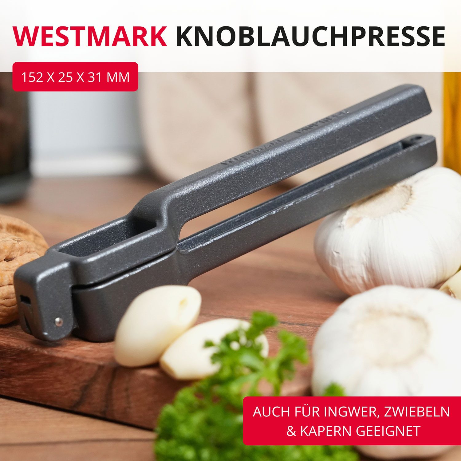 WESTMARK Knoblauchpresse Biopress Black Edition – Ergonomische Knoblauchpresse – Extra-Griffige, Aluminium, spülmaschinengeeignet, Made in Germany