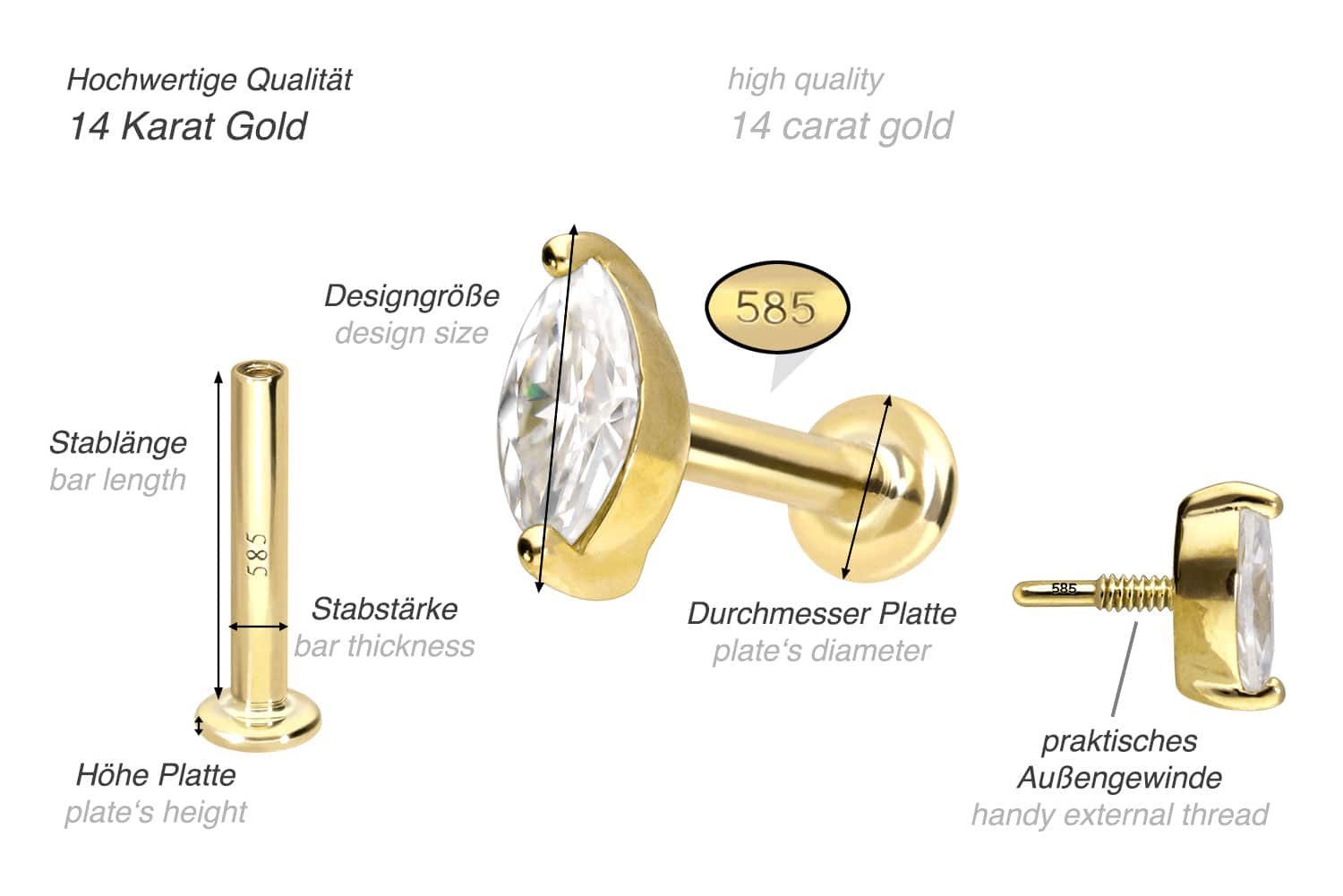 PIERCINGLINE Piercing-Set 14 Karat Gold Labret mit Innengewinde MOISSANIT-OVAL (Labrets, 1-tlg)