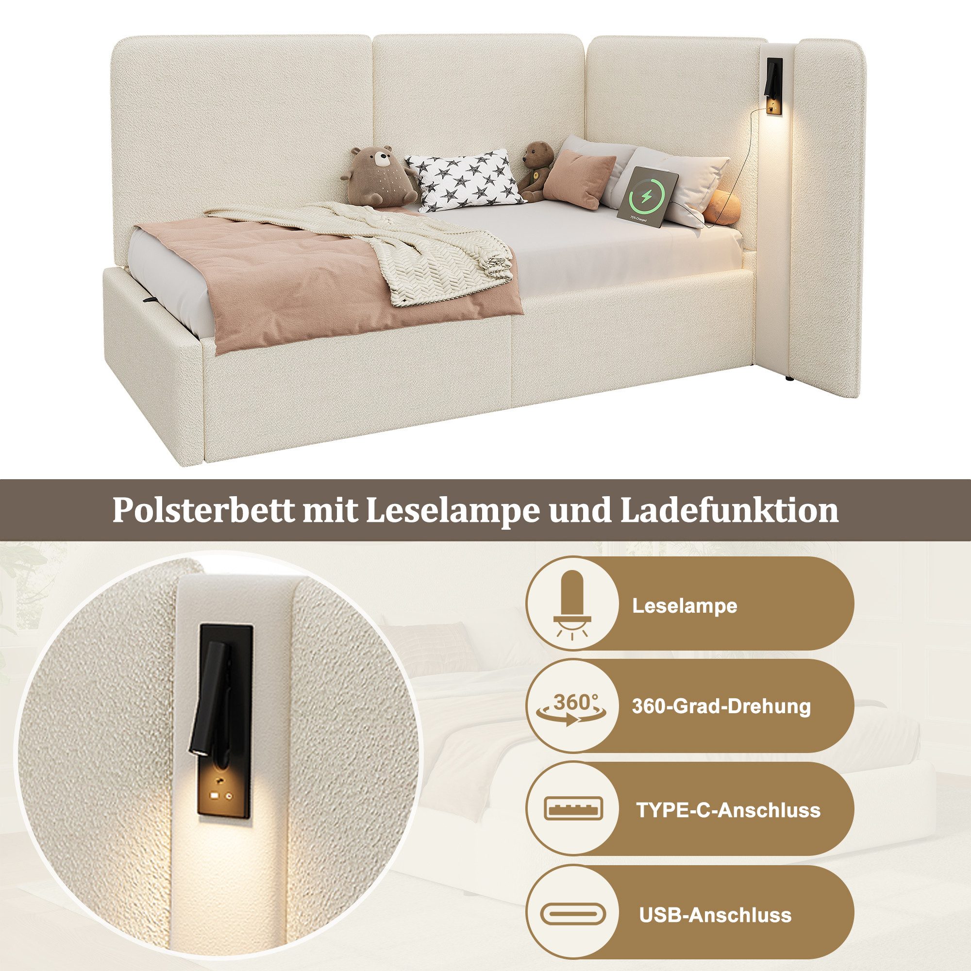 REDOM Polsterbett 90x200 cm mit USB- und Type-C-Anschlüssen (Packung, 1-tlg., Hydraulik-Stauraum, Leselampe inklusive, als Tagesbett), Ideal als Sofabett & Gästebett mit Komfort(ohne Matratze)
