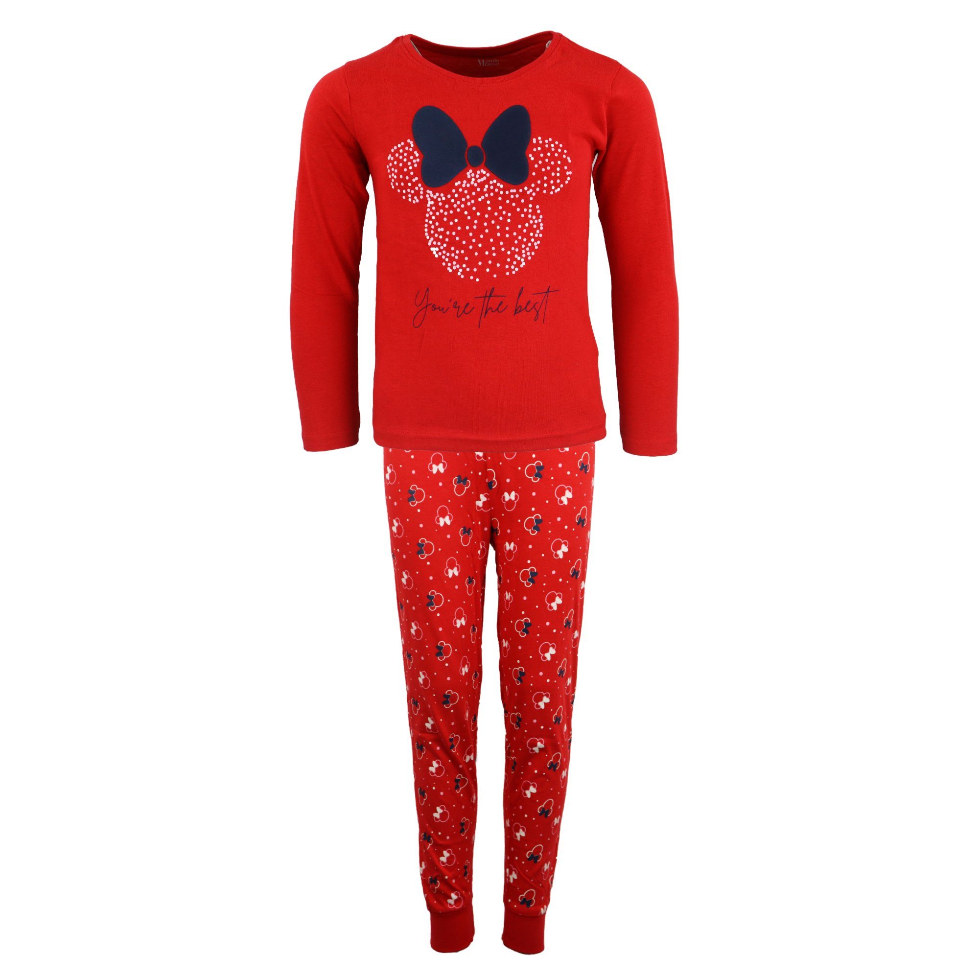 Disney Schlafanzug Disney Minnie Maus Mädchen Kinder Pyjama lang Gr. 104 bis 134, 100% Baumwolle Rot