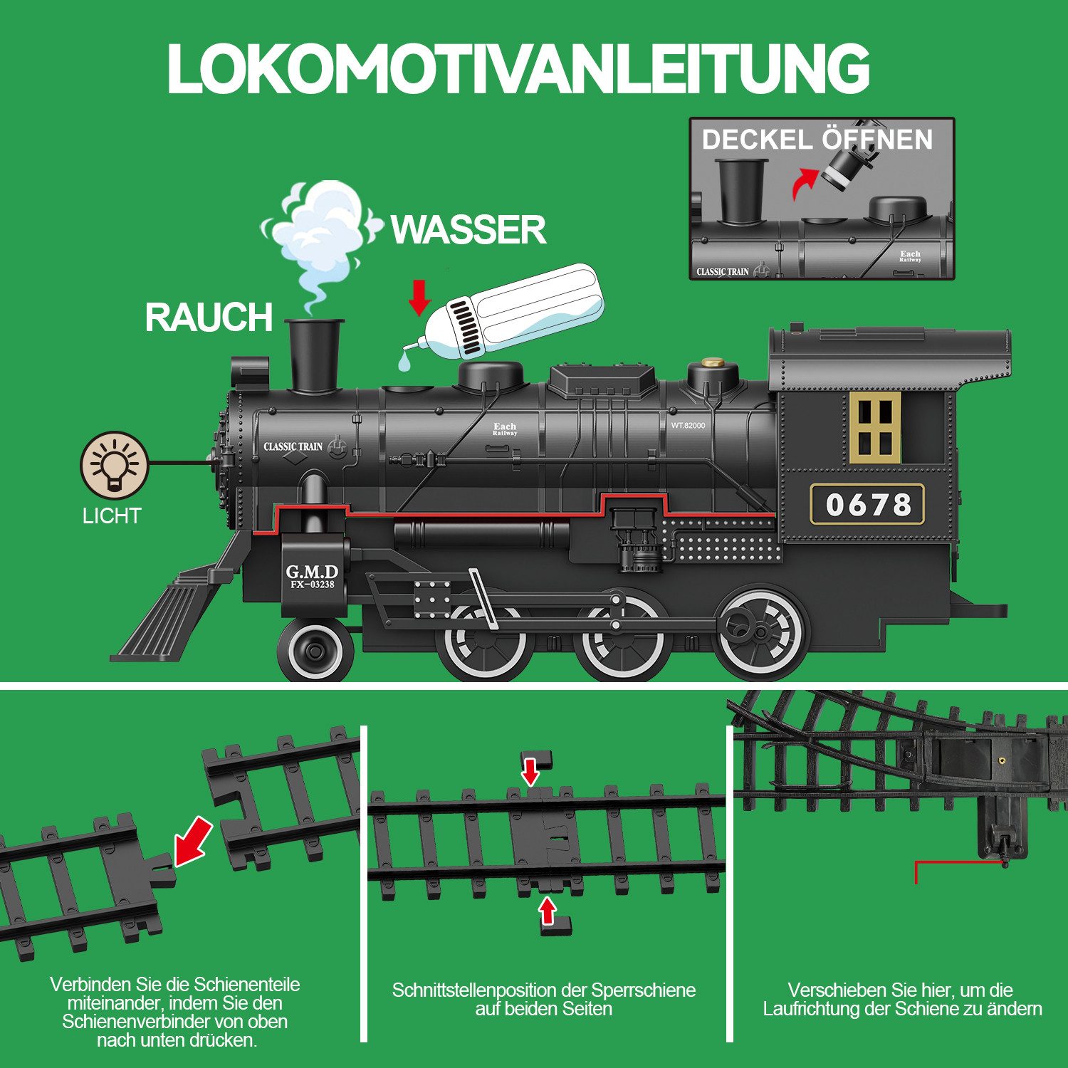 Esun Spielzeug-Zug Elektrische Zug Spielzeug, Eisenbahn Kinder Elektrisch, Dampfzug, (Set, Komplettset), mit Schienen, Dampf, Geräuschen, Weihnachtszug