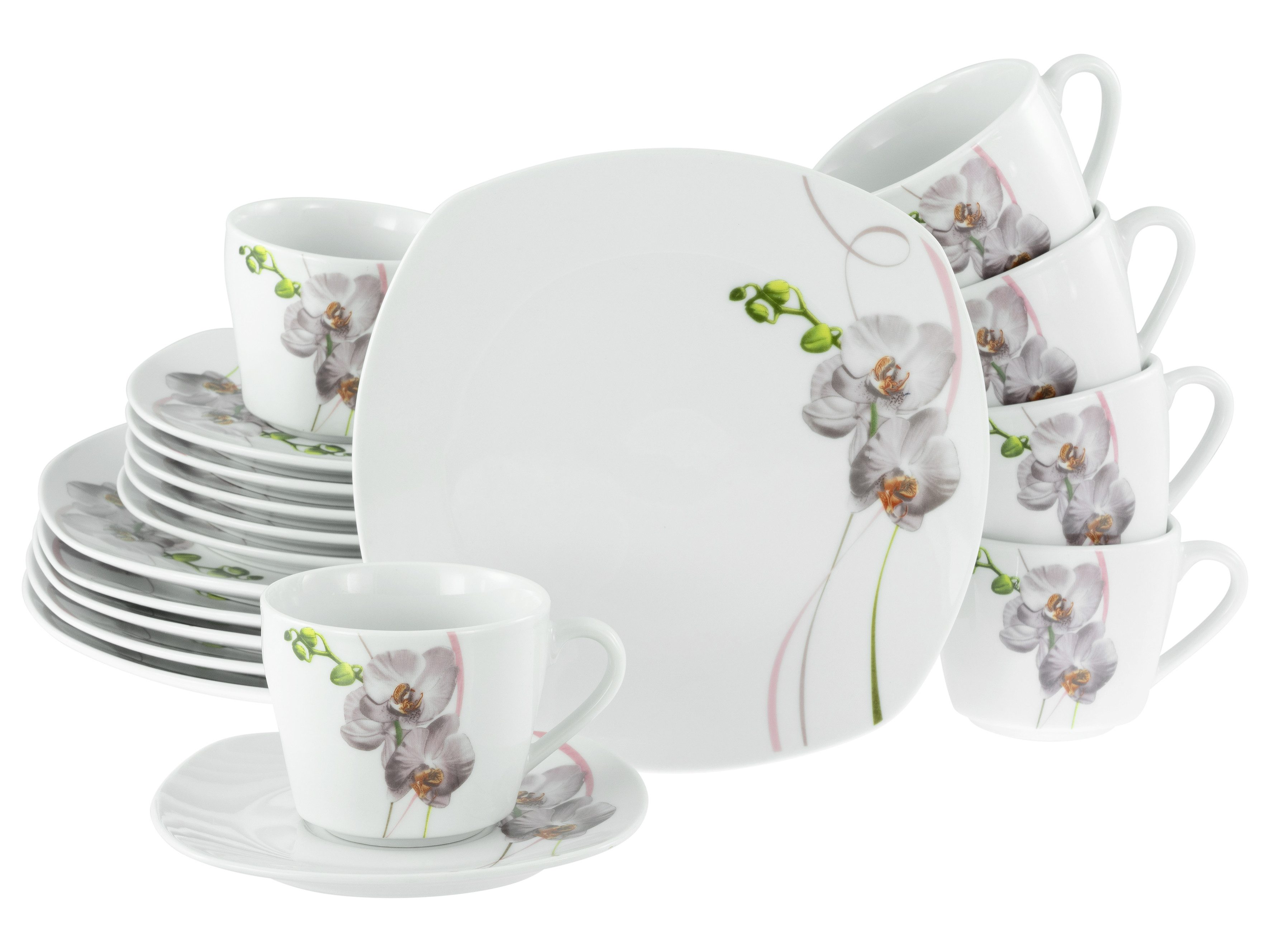 CreaTable Кофейный сервиз Square Orchidee, Kaffee-Service 18-tlg (18-tlg), 6 Personen, Porzellan, Fotorealistische Darstellung