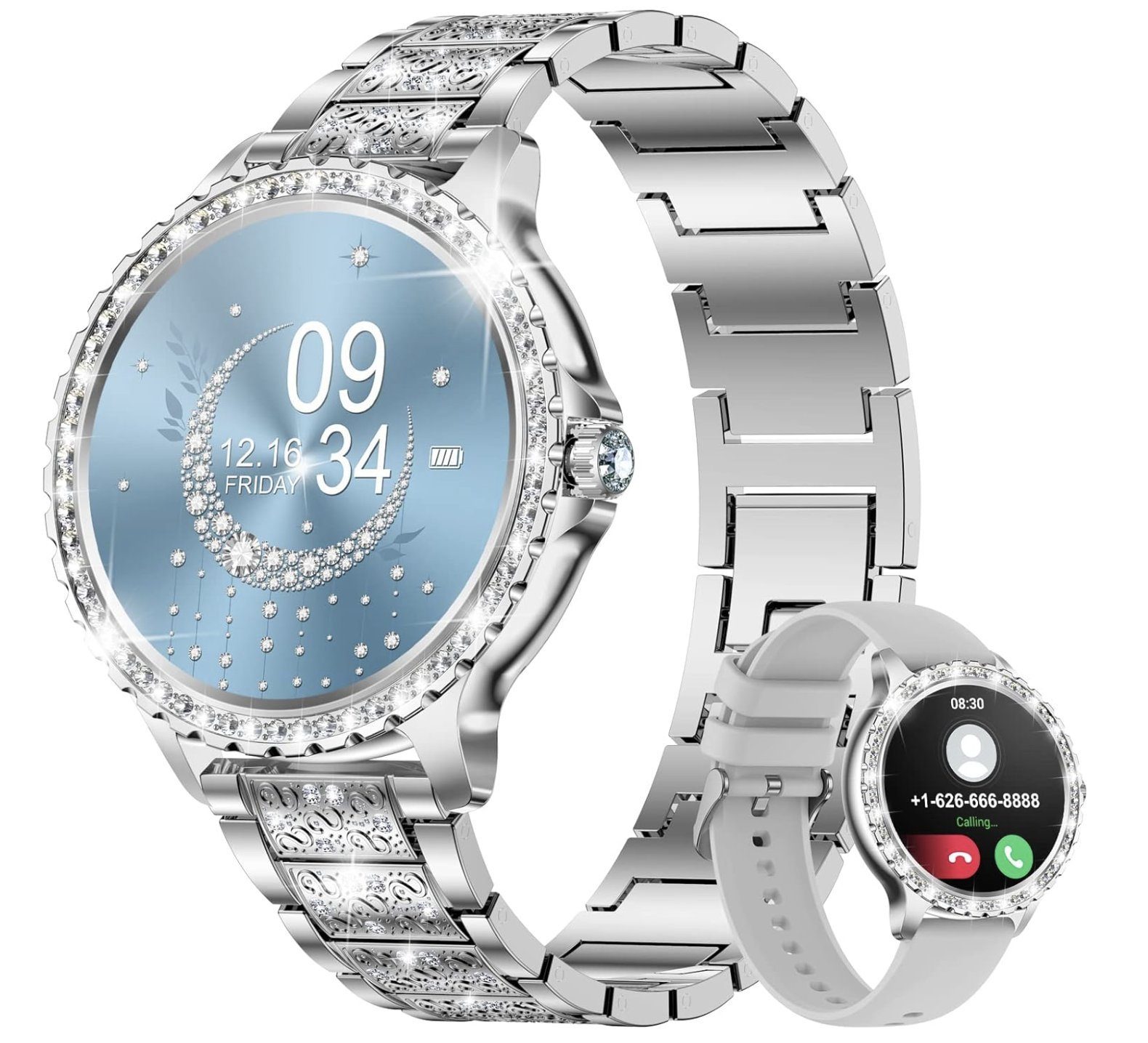Lige Smartwatch (Android iOS), Damen Elegant Mit Telefonfunktion  Wasserdicht Rund Silber Smart Watch
