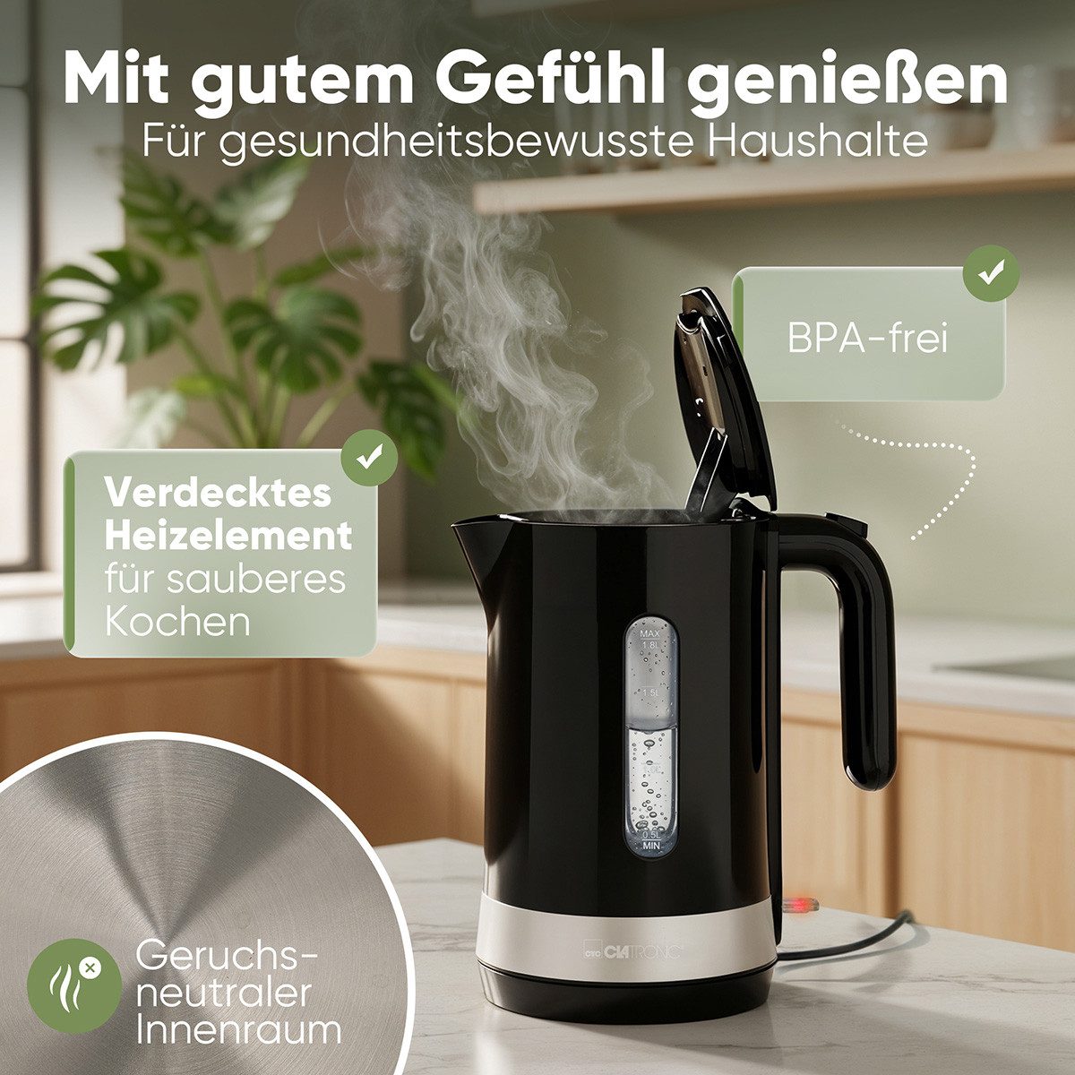 CLATRONIC Wasserkocher WK 3840, Wasserkocher 1,8L, 2200W, BPA frei