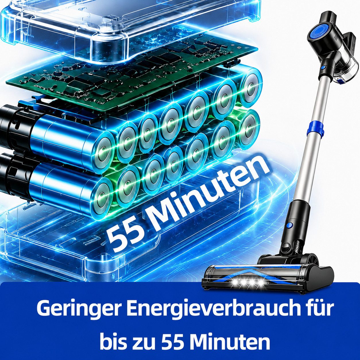 Grenintol Akku-Stielstaubsauger, Akku Staubsauger mit 55 kPa Saugkraft für Haushalt & Tierhaare, beutellos, Kabellos nutzbar,LED-Anzeige,Wandhalterung für platzsparende Lagerung