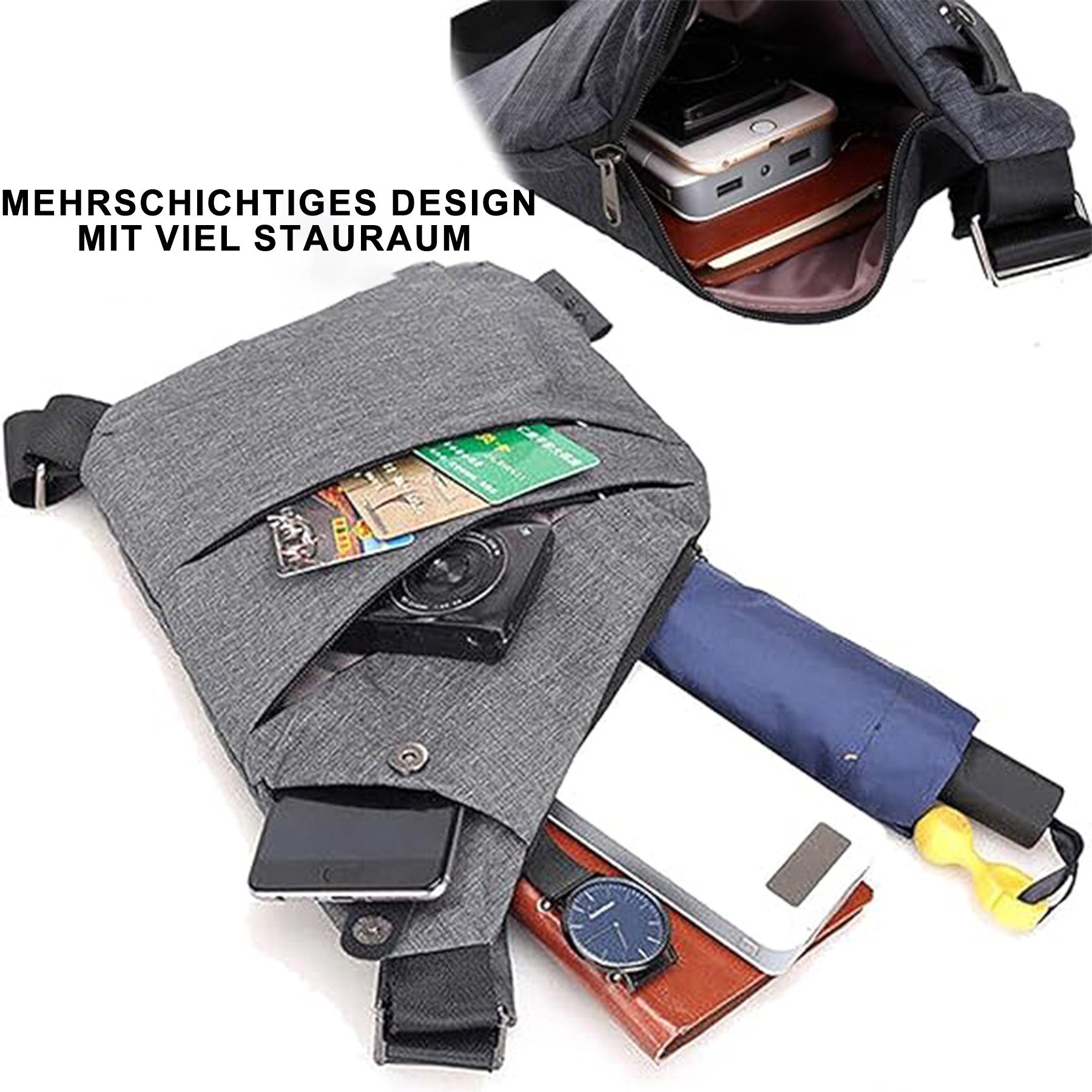 Mutig Umhängetasche Schultertasche Herren Wasserfeste Mini Bauchtasche Mehrere Taschen (Diebstahlsichere Reisetasche, Anti-Diebstahl Sling Bag Brusttasche, Brusttasche Crossbody, Anti Diebstahl Tasche, Shoulder Bag Men), für Reisen Outdoor-Sportarten wandern,Männer& Frauen,linke Schulter
