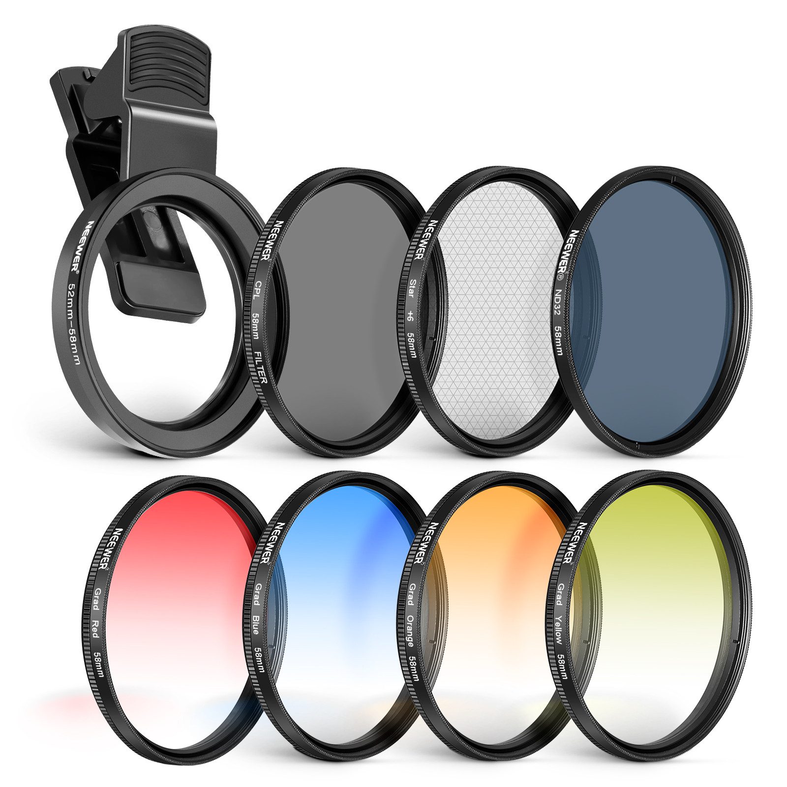 Neewer 58mm ND+CPL+Effekt Filter Set mit Handy Phone Objektiv Foto-Filter-Sets (Klammer Polfilter ND32 6 Punkt Sternfilter 4 abgestufte Farbfilter)