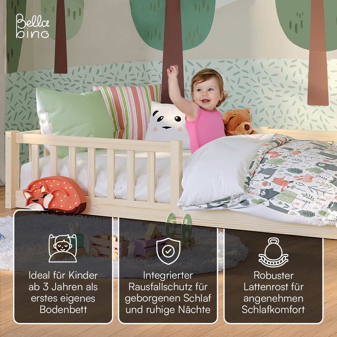 Bellabino Kinderbett Vere mit Rausfallschutz und Lattenrost (natur mit Matratze, Kiefer Massivholz), Bodenbett verfügbar in 80x160 & 90/120/140x200 cm