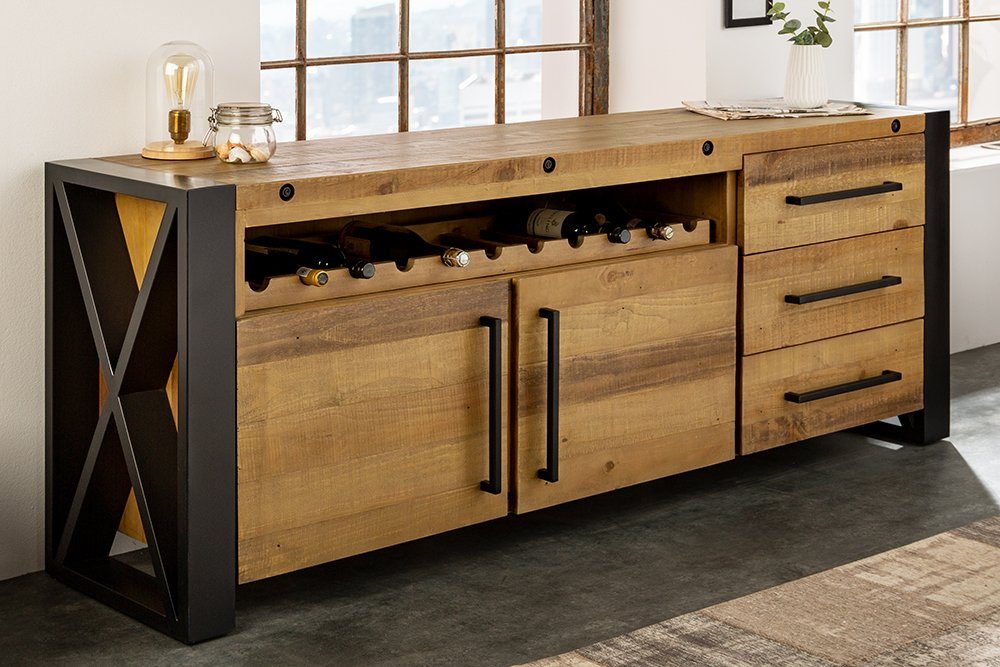 riess-ambiente Sideboard THOR 195cm vintage braun / schwarz (Einzelartikel, 1 St), Wohnzimmer · Massivholz · Metall · Kommode · Industrial Design