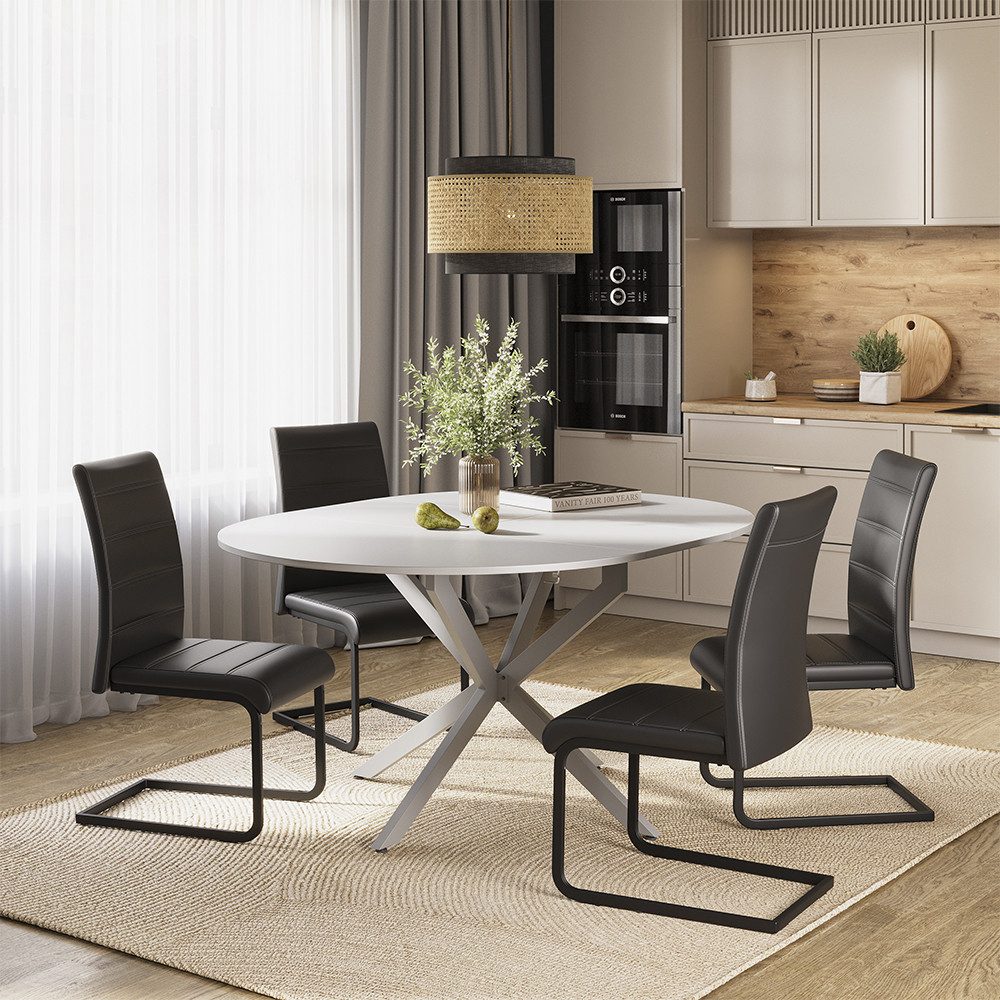Vicco Essgruppe Loyd, Weiß/Grau, 120 x 120 cm mit 4 Esszimmerstühlen, Schwarz, (6-tlg)