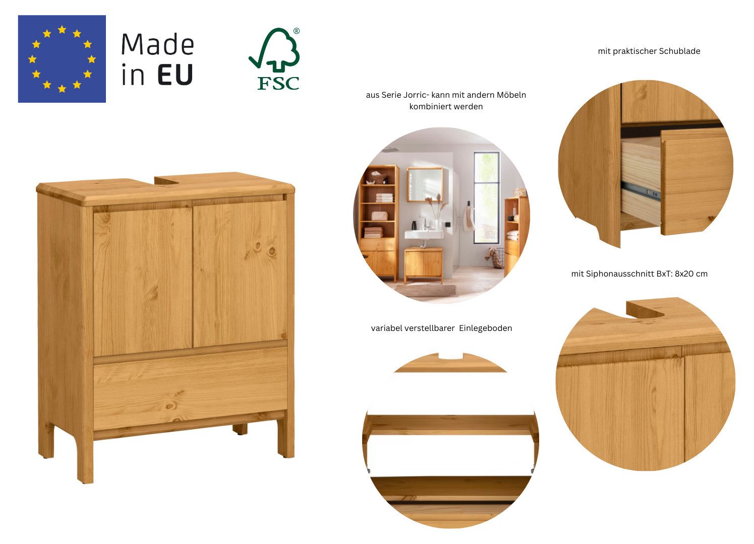 OTTO products Waschbeckenunterschrank Jorrick Breite 60 cm, Kiefer mit Bio Öl/Wachs behandelt, Siphonausschnitt