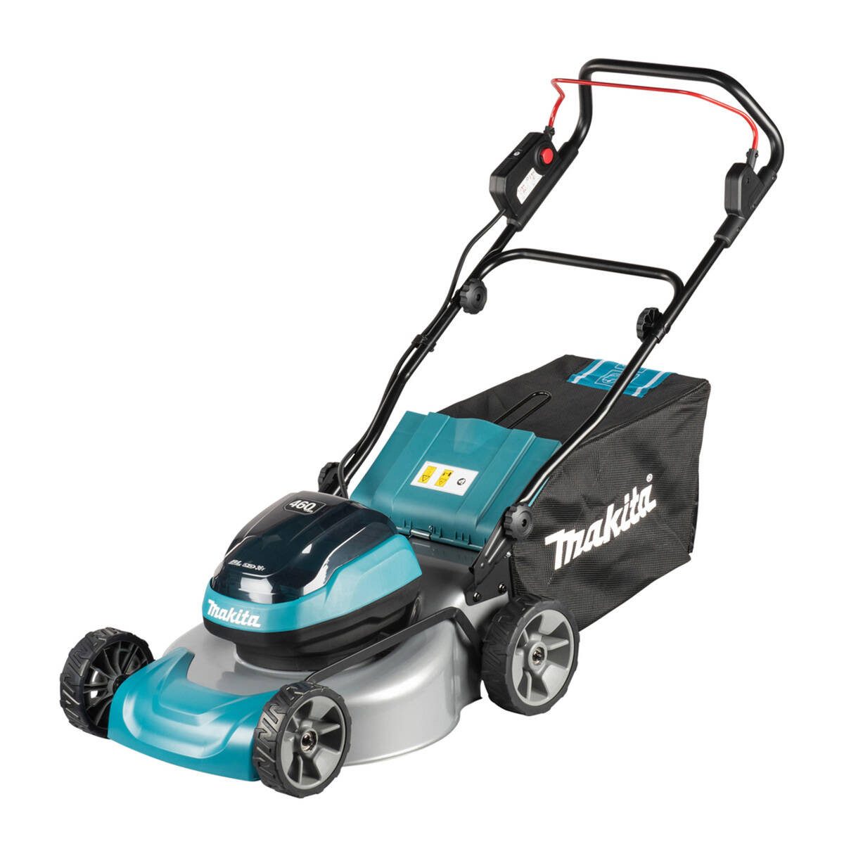 Makita Akkurasenmäher DLM466PT2, 46 cm Schnittbreite, (Komplett-Set, inkl. Akkus, Ladegerät und Mulchkeil), 46 cm Schnittbreite, 60 L Fangkorb, 36 V
