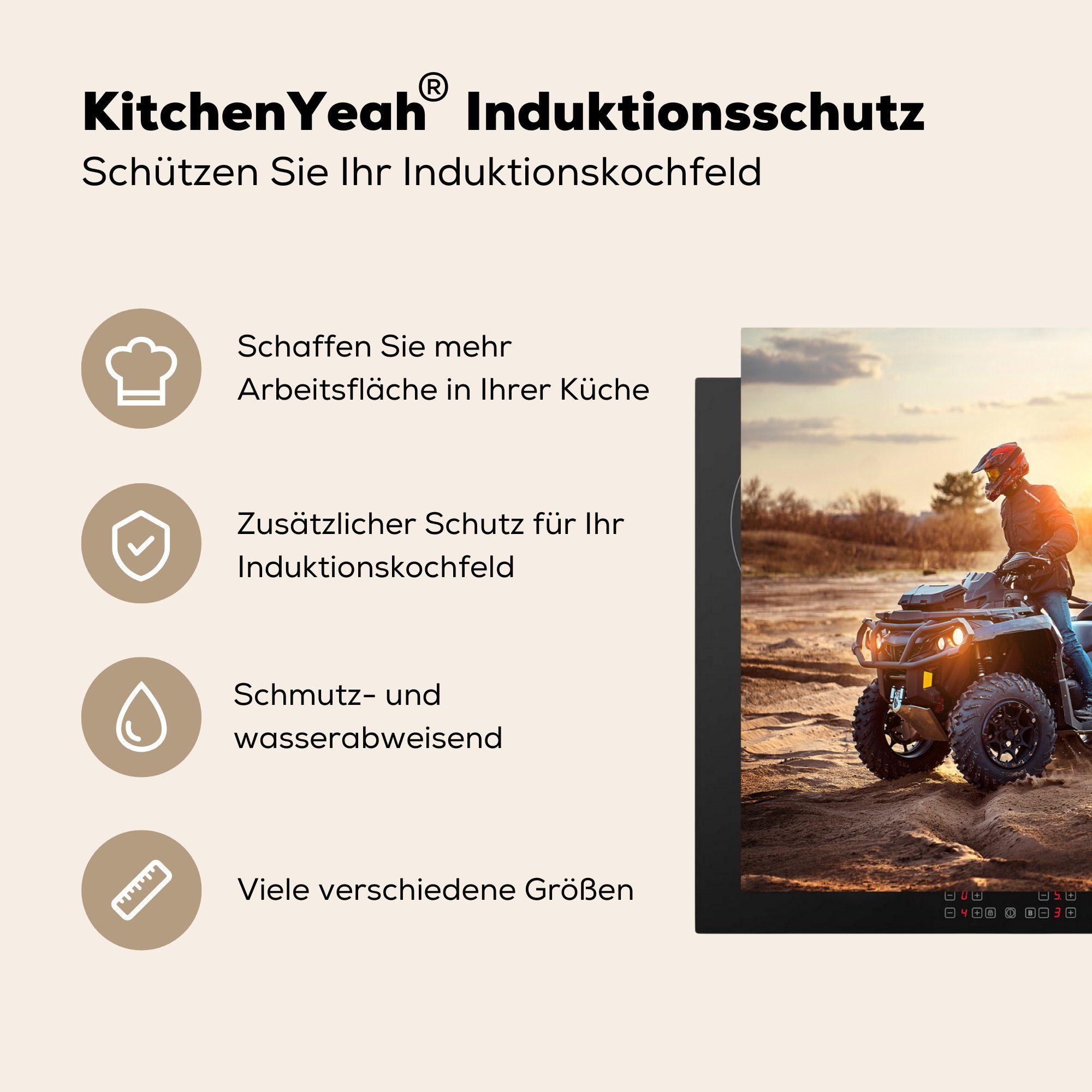 - Vinyl, Herdblende-/Abdeckplatte (1 MuchoWow für Ceranfeldabdeckung, tlg), Rennen - Arbeitsplatte cm, 83x51 Düne, Kinder-Quad küche