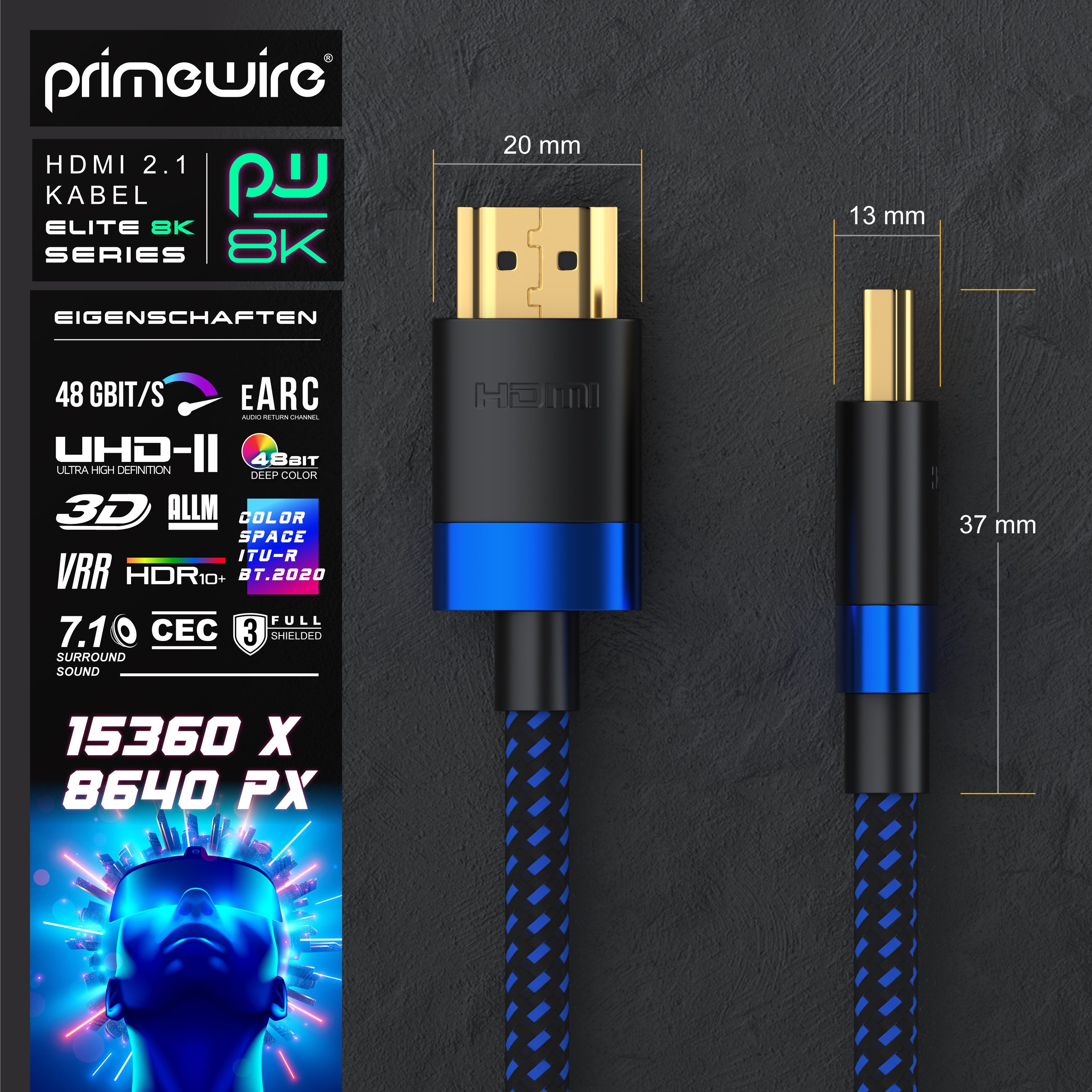 Primewire 16k HDMI Kabel 2.1+, 16k@30Hz 8k@60Hz 4k@120Hz, UHD II, HDMI-Kabel, 2.1, HDMI Typ A (25 cm), Ultra High Speed Ethernet 48Gbps, HDR 10+ eARC 3D VRR, 0,25m