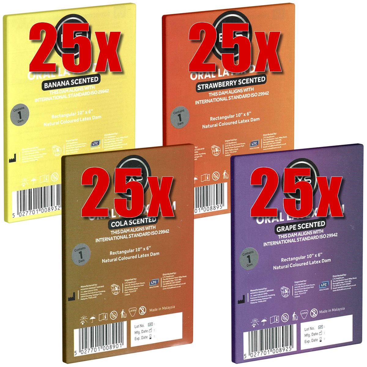 EXS Kondome Scented Oral Latex Dams - Lecktücher aus Latex Sorte: Mix, Packung mit, 100 St., gefühlsechte Lecktücher für den Oralverkehr, Latextücher mit Duft (Erdbeere, Banane, Cola und Traube)