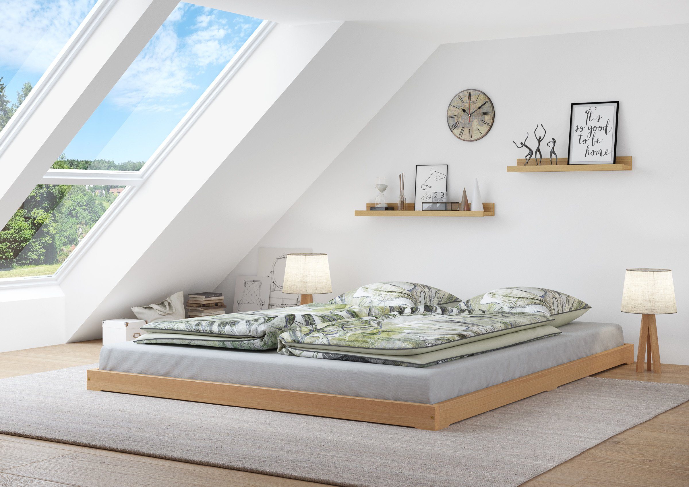 Breites Bodenbett 160x200, Buche Doppelbett massiv ERST-HOLZ Bett Buchefarblos lackiert
