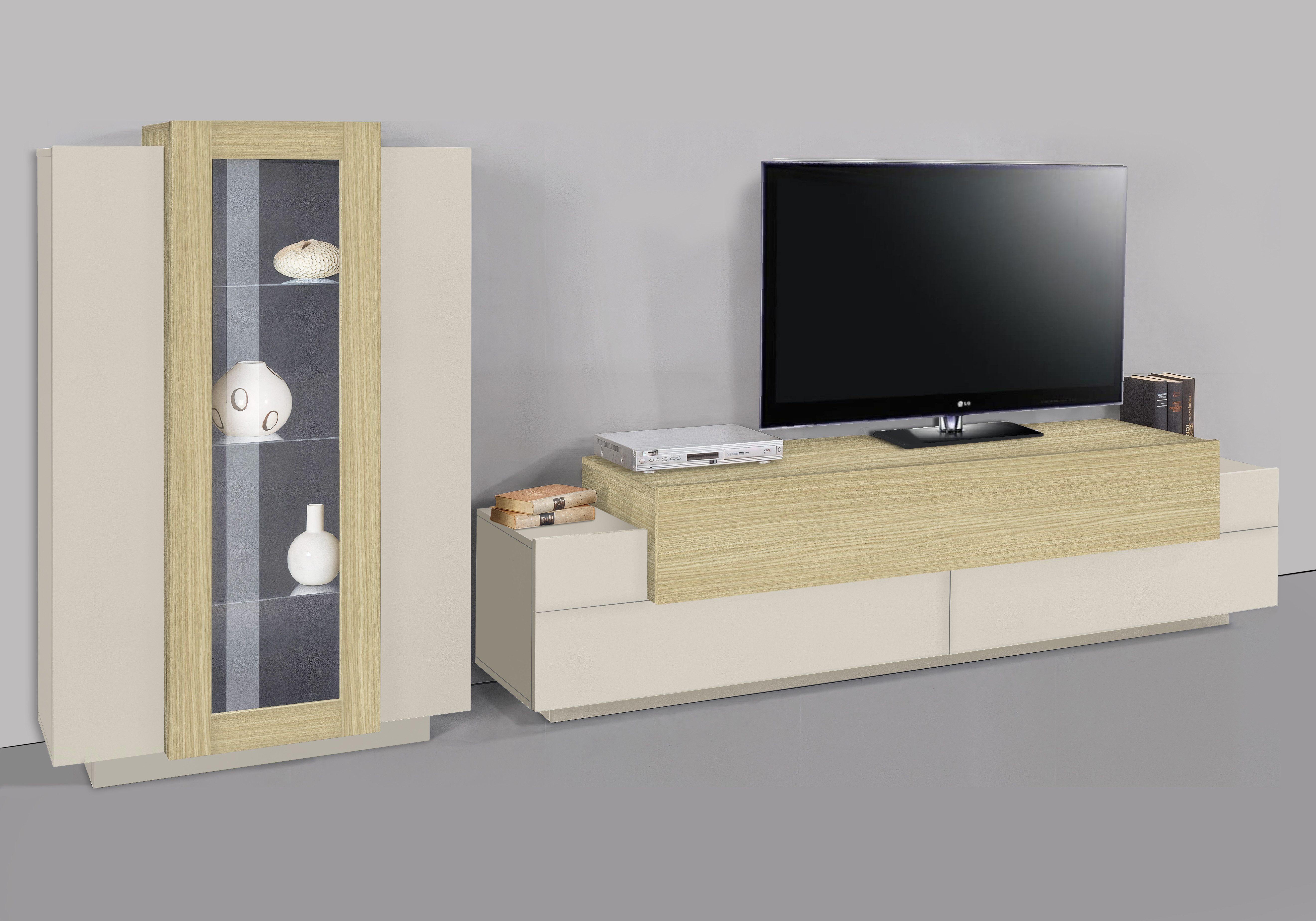 Home affaire Wohnwand Coro, Anbauwand, Medienwand, (Set, 2-St), Lowboard 4 Fächern Breite 200 cm und Vitrine 3 Türen Breite 80 cm