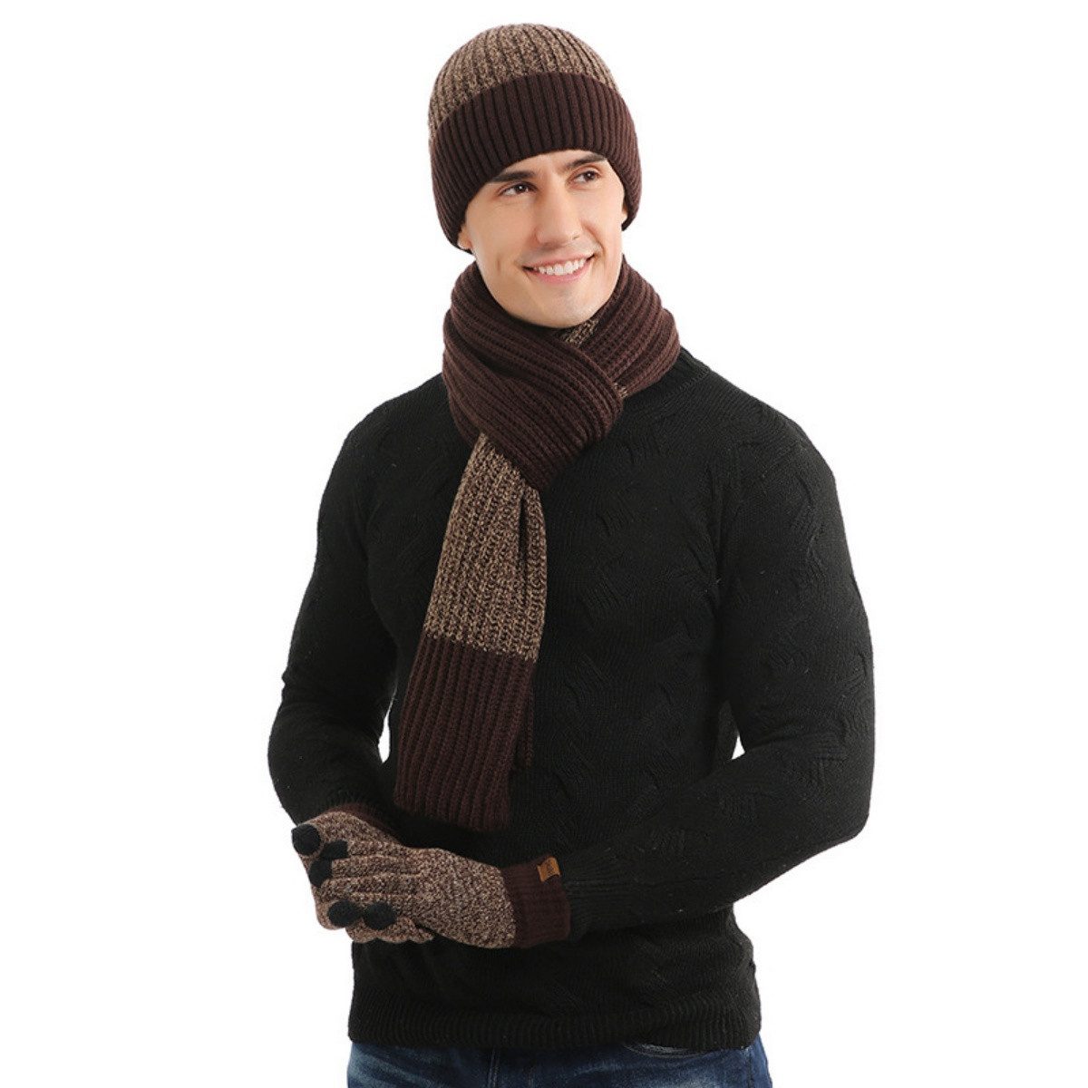 YNOFIT Mütze & Schal 3St Winter stricken Mütze, langer Schal, Touchscreen Handschuhe Set (Gepolstert und gestärkt, Wintergeschenke für Männer und Frauen) Einfacher und modischer, warmer Strickanzug für Männer und Frauen