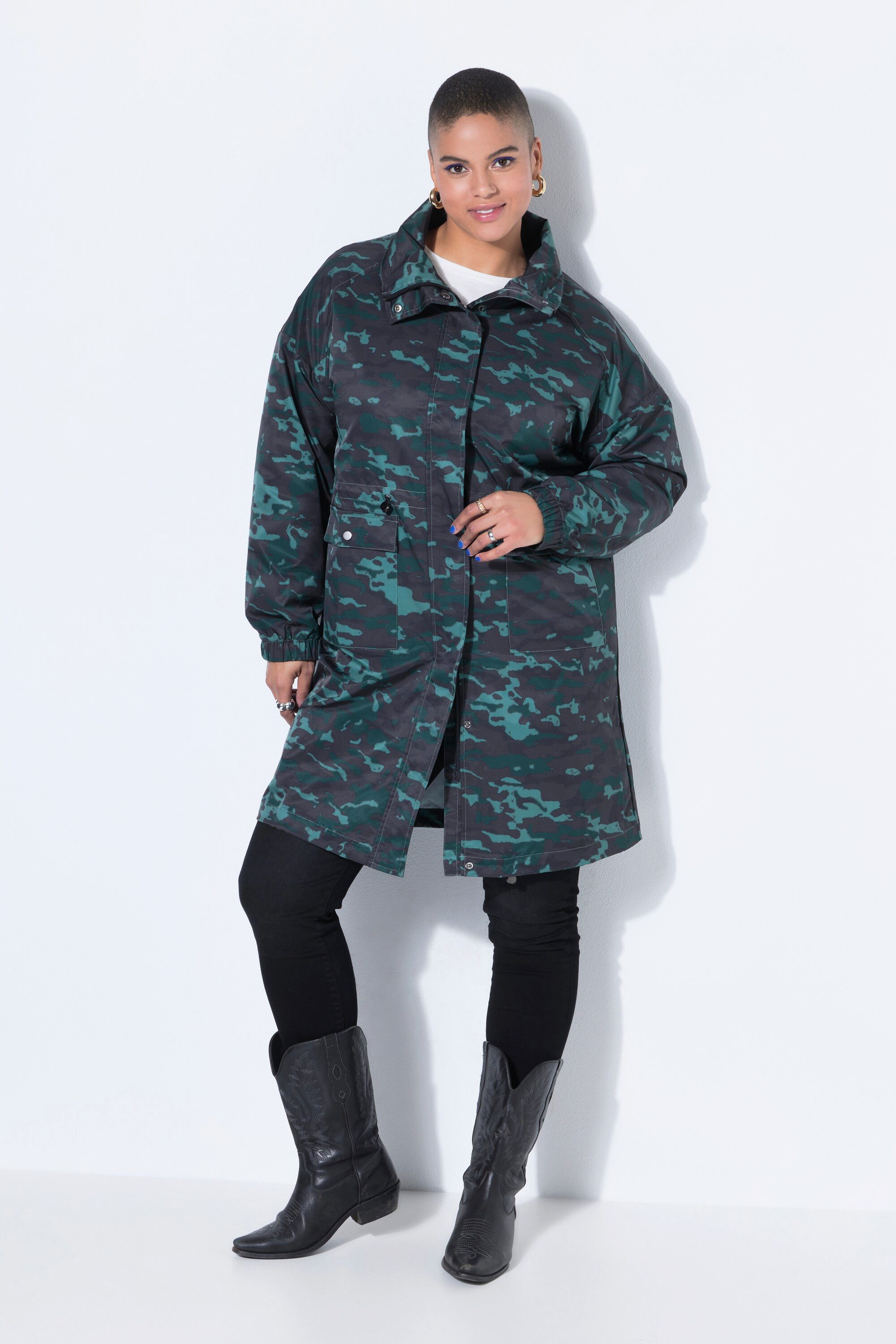 Studio Untold Wintermantel Mantel Straight Shape Camouflage Taillen-Tunnelzug