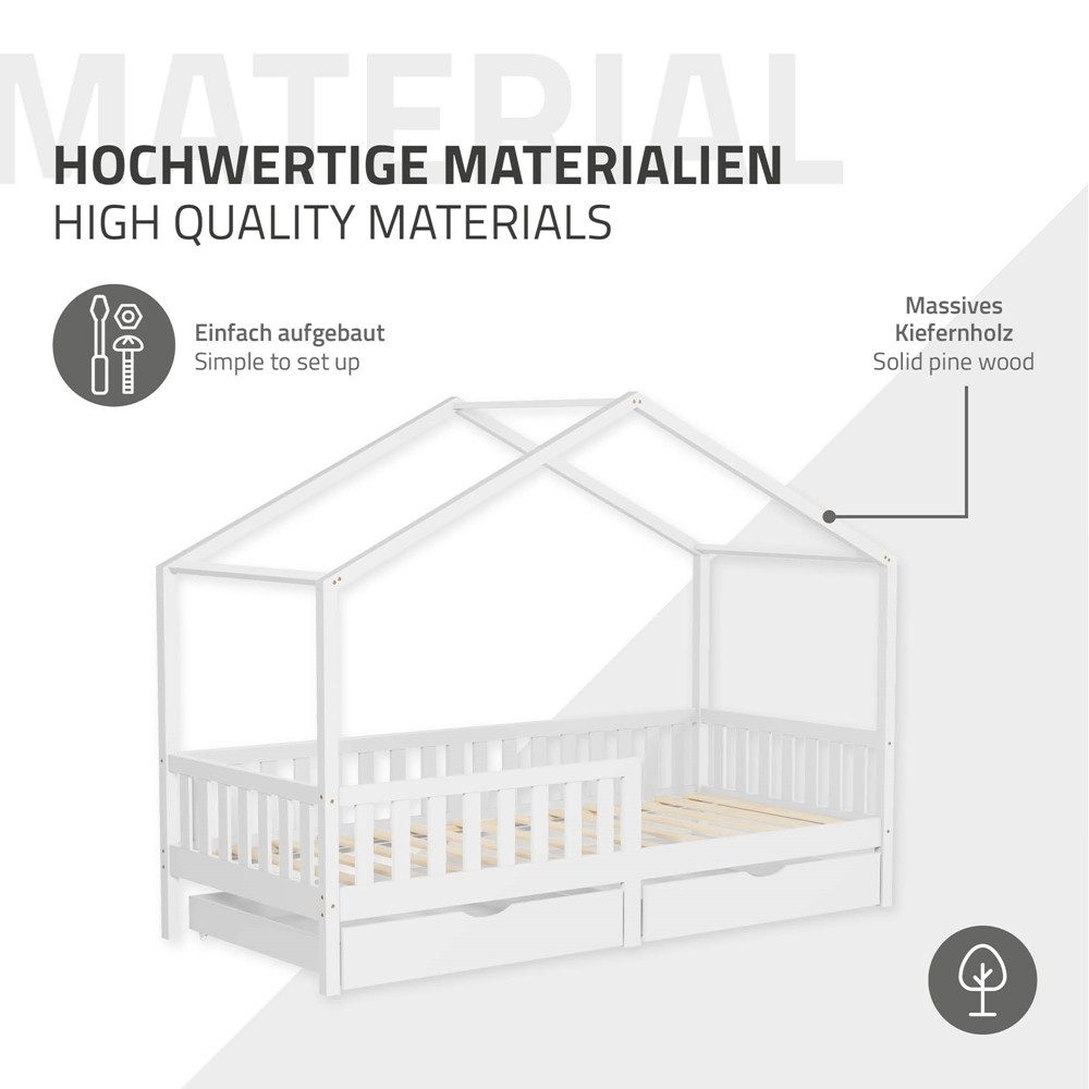 ML-DESIGN Spielbett Hausbett Kinderbett inkl. 2 Schubladen, Lattenrost und Rausfallschutz, Abenteuerbett 90x200cm Haus Bett Himmelbett Kiefer Jugendbett Weiß – Bild 5 von 5
