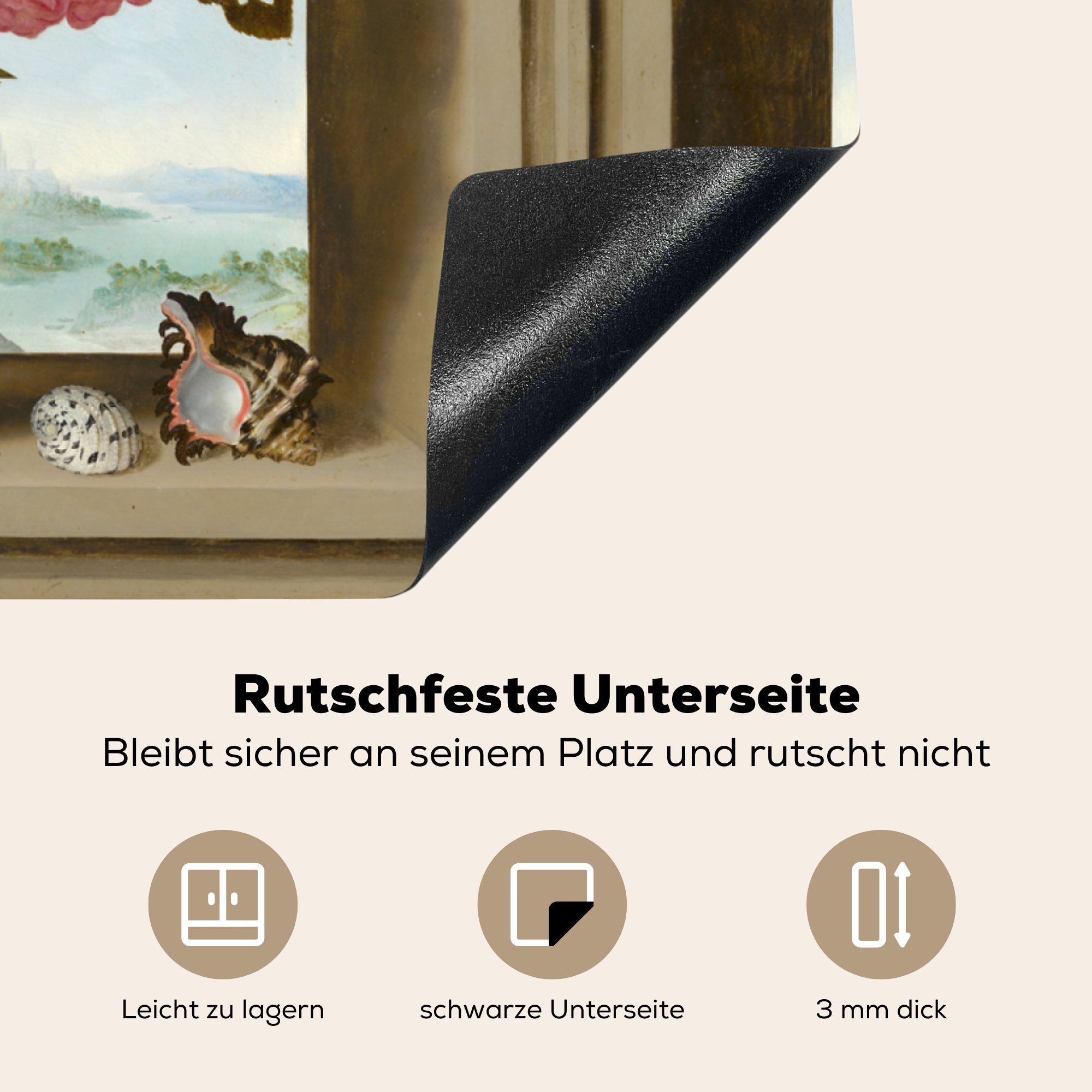 Herdblende-/Abdeckplatte in Vinyl, küche - Gemälde cm, für Arbeitsplatte Bosschaert, Vase von tlg), MuchoWow mit (1 Ambrosius Fenster 78x78 Ceranfeldabdeckung, einem Blumen