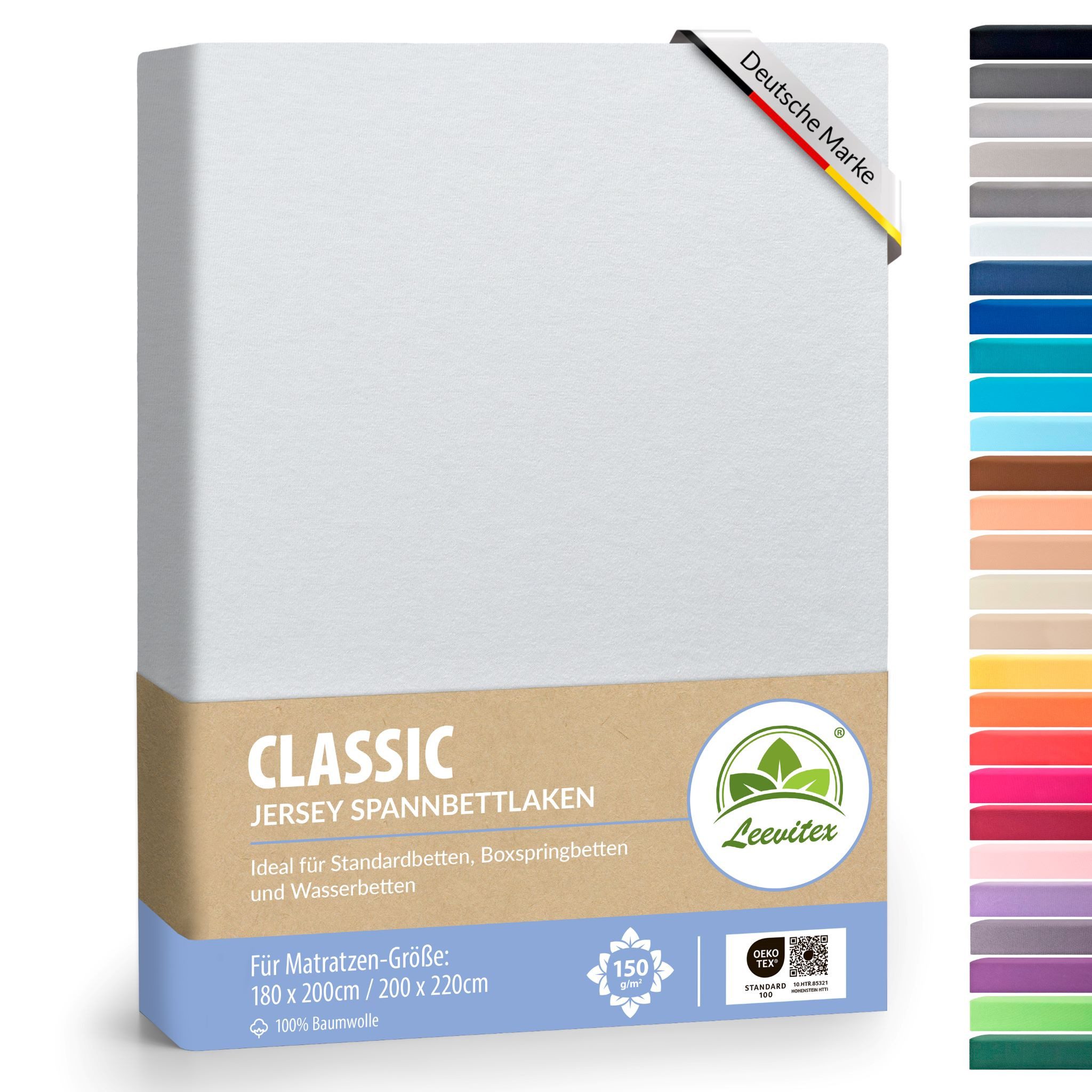 leevitex® Spannbettlaken 180x200 - 200x220 cm, 40 cm Steghöhe, Stoffdicke 150 g/m², Jersey, Gummizug: rundum, (1 Stück), OEKO-TEX® Standard 100 Zertifikatsnummer 10.HTR.85321 zertifiziert