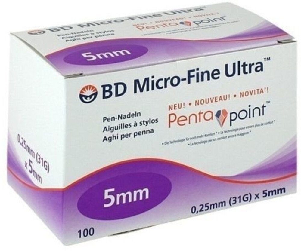 Becton Dickinson Ланцети BD MICRO-FINE ULTRA Pen-Nadeln 0,25x5 mm, 31,00G, Spar-Set, Blutzuckerüberwachung, Kompatibilität mit Insulinpens, Sterile Einmalprodukte, 100 tlg., Feine Silikonbeschichtung, Latexfrei und pyrogenfrei