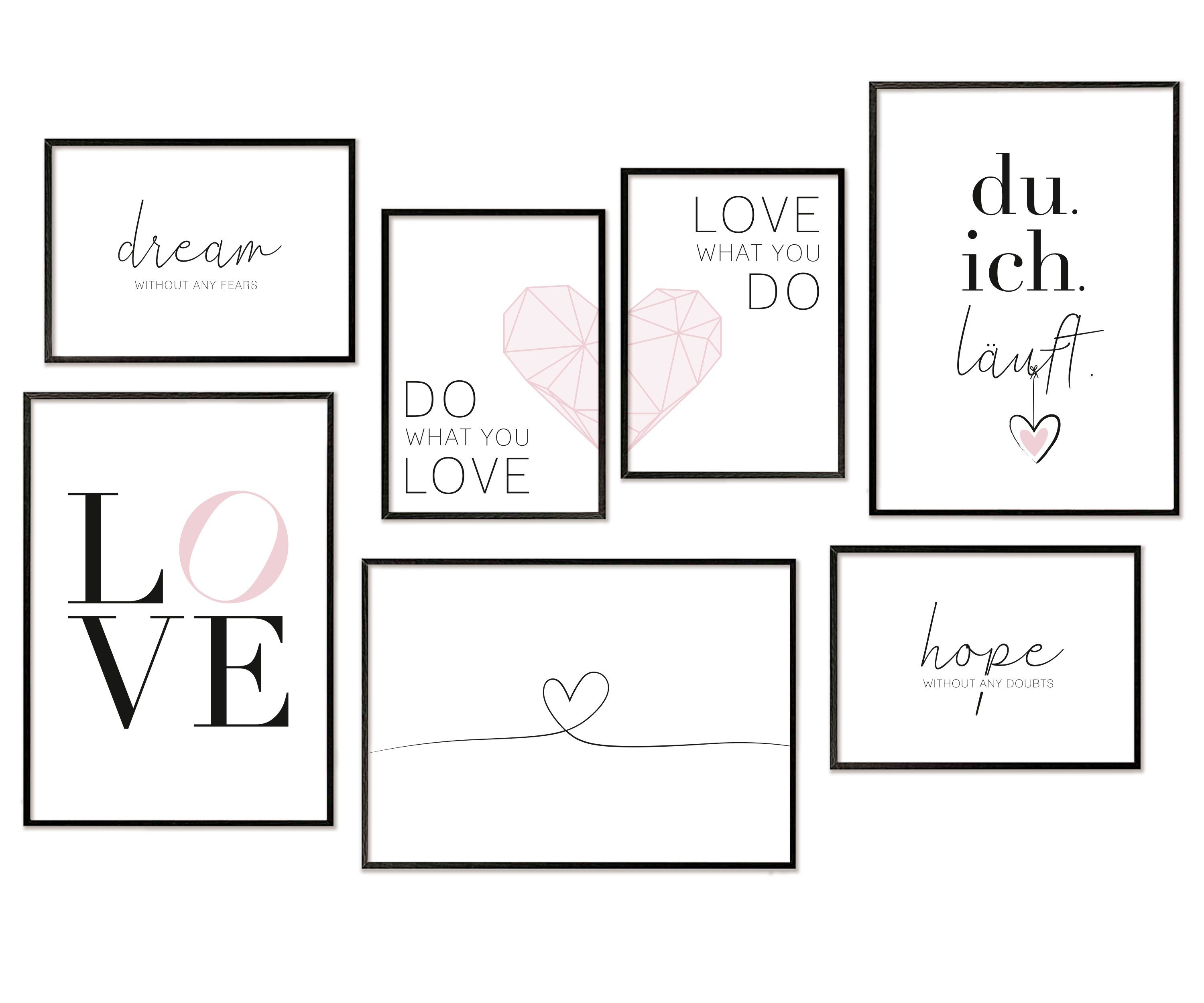Hyggelig Home Плакат Du und Ich - Premium Плакат Set OHNE & MIT Rahmen - 7 Wandbilder Liebe, Emotion (Set, 7 St), Collage schwarz weiß, Qualitätsdruck dickes Papier
