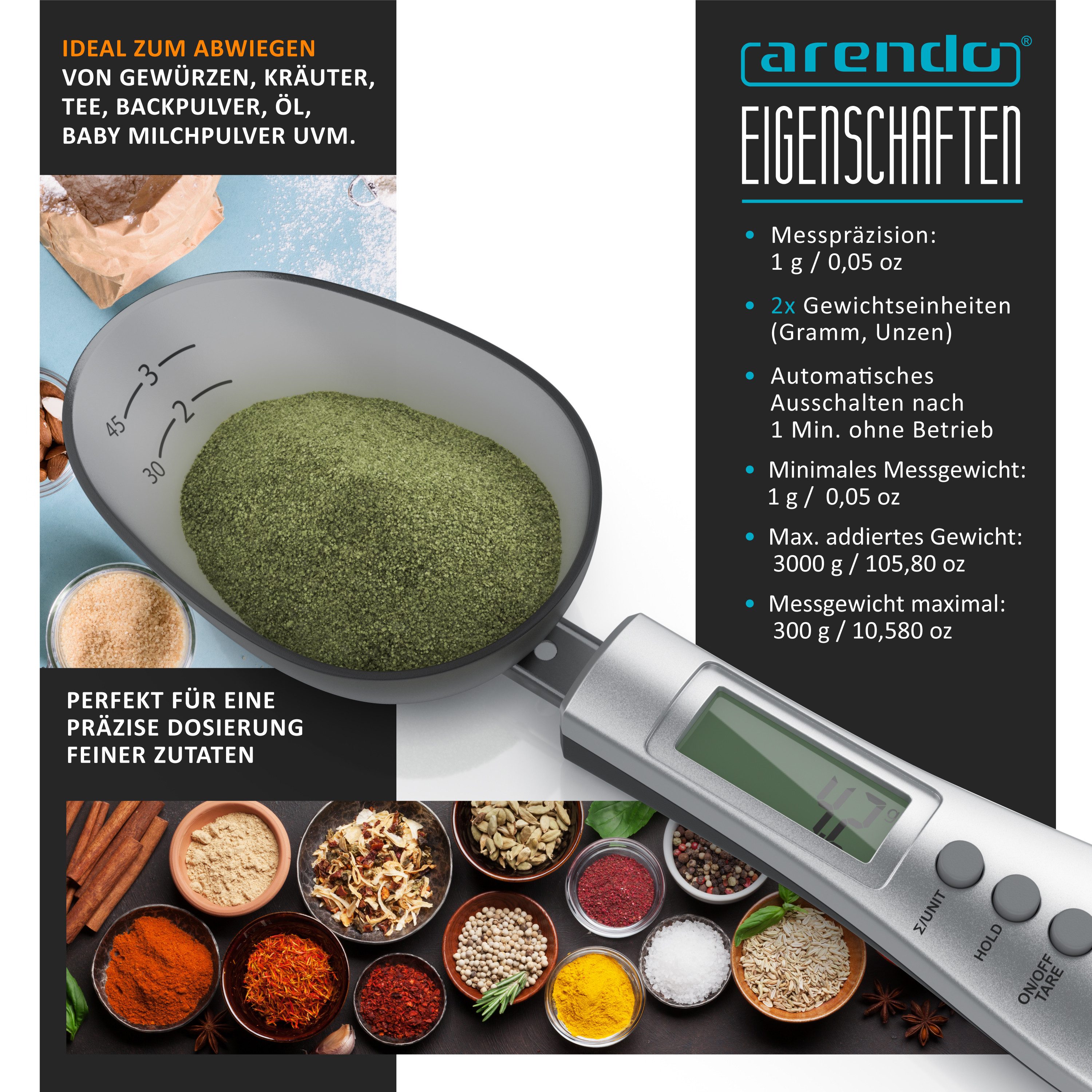 Arendo Löffelwaage digital 0,1g, Küchenwaage, Feinwaage, LCD-Anzeige, 2 abnehmbare Löffel, Summierfunktion, für Gewürze, Proteinpulver, Milchpulver, Backen uvm.