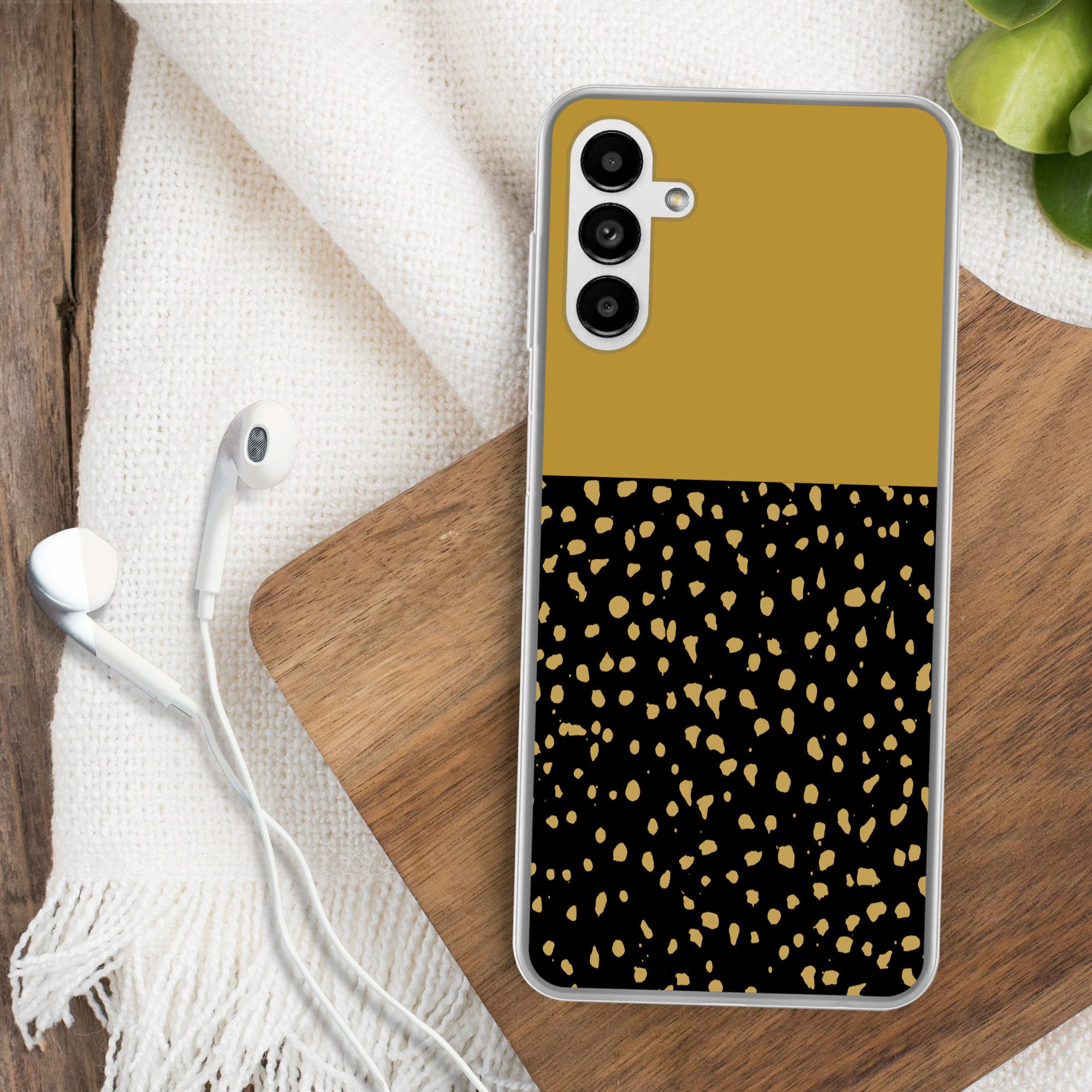 MuchoWow Handyhülle für Samsung Galaxy A04s Polka dots - Ockergelb - Schwarz, Handy Case, Silikon, Bumper Case Dünn
