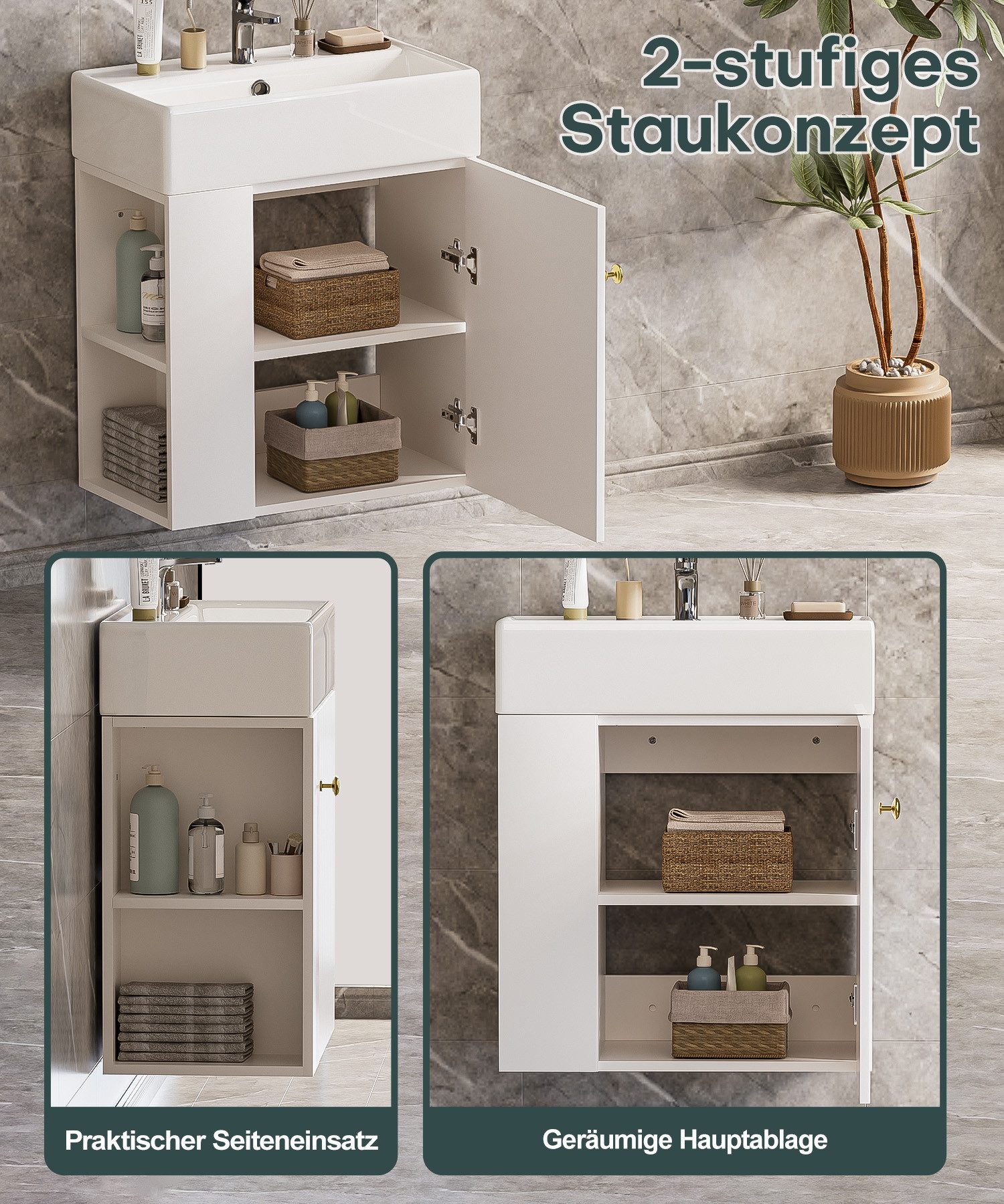 Yorbay Waschtisch Badmöbel Waschtischunterschrank (Breite 55 cm, Badschrank mit Waschbecken), Waschbecken mit Waschtisch für kleine Badezimmer