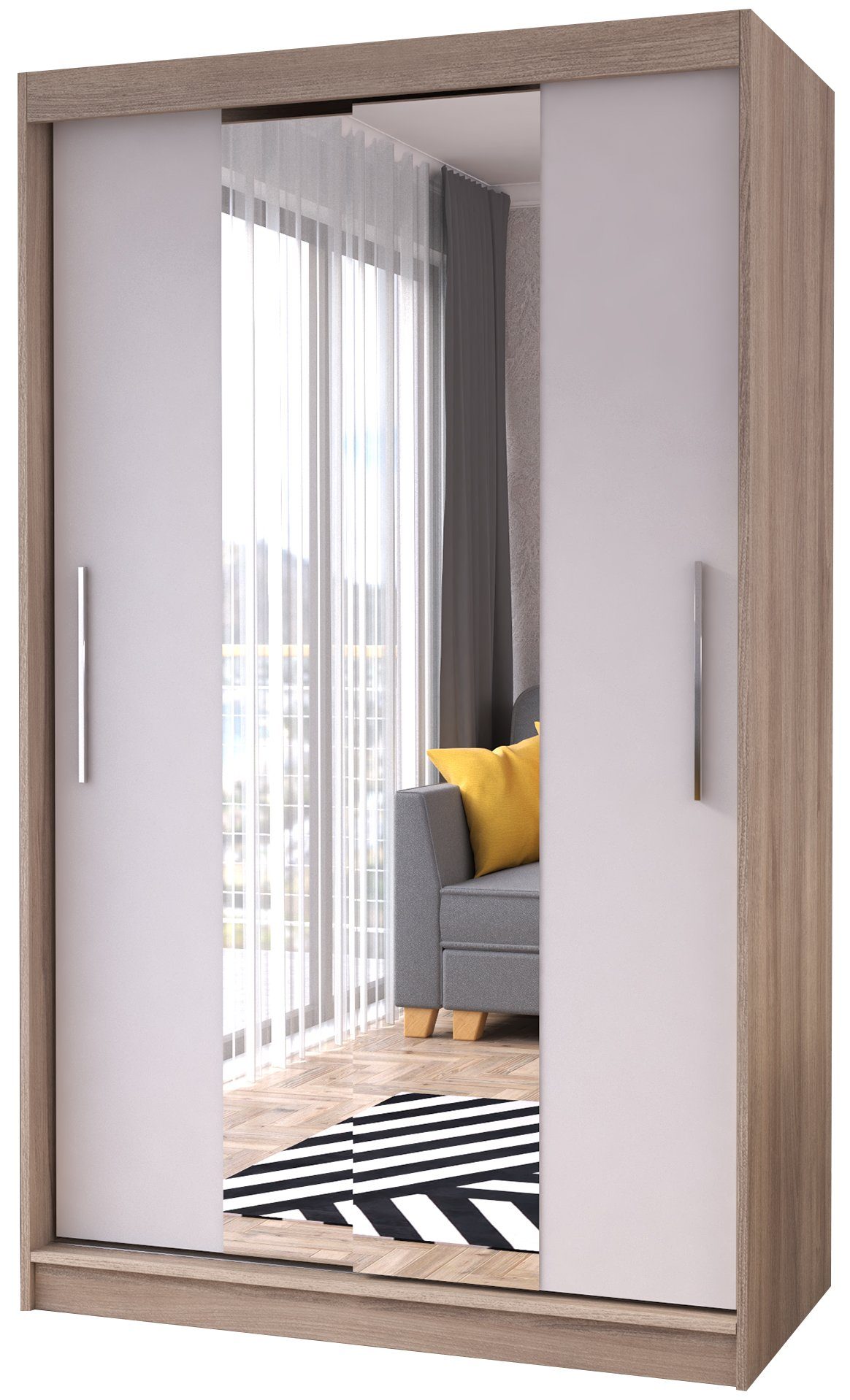 Polini Home Schwebetürenschrank Schwebetürenschrank Prime Comfort 120x200 Spiegel mittig Eichenholzo mit Spiegel eiche-weiß (mittelspiegel) | Eiche-weiß (Mittelspiegel)