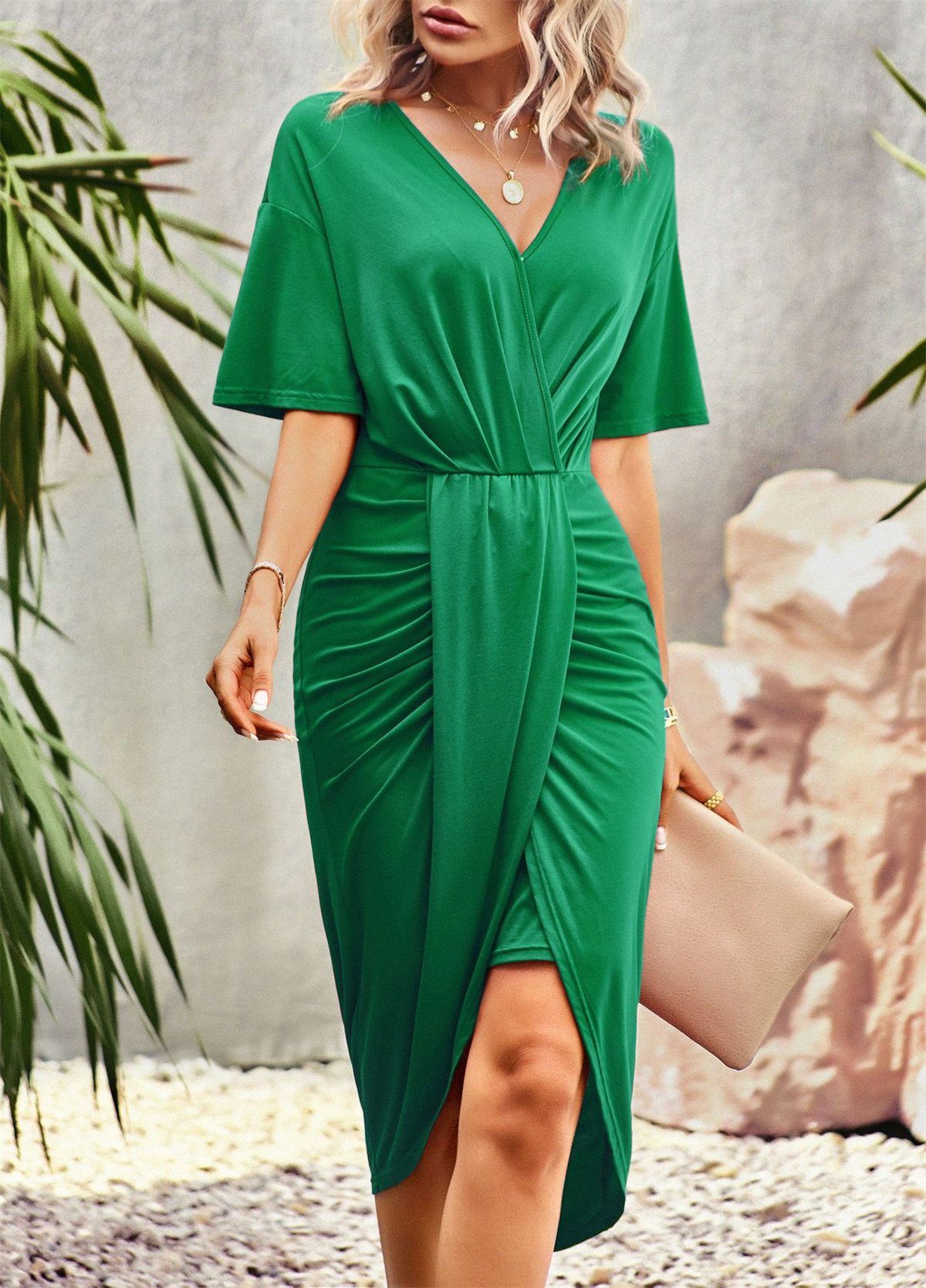 V-Ausschnitt Sommer mit den Einfarbiges für selected Damen für grün carefully Strickkleid Strandkleid