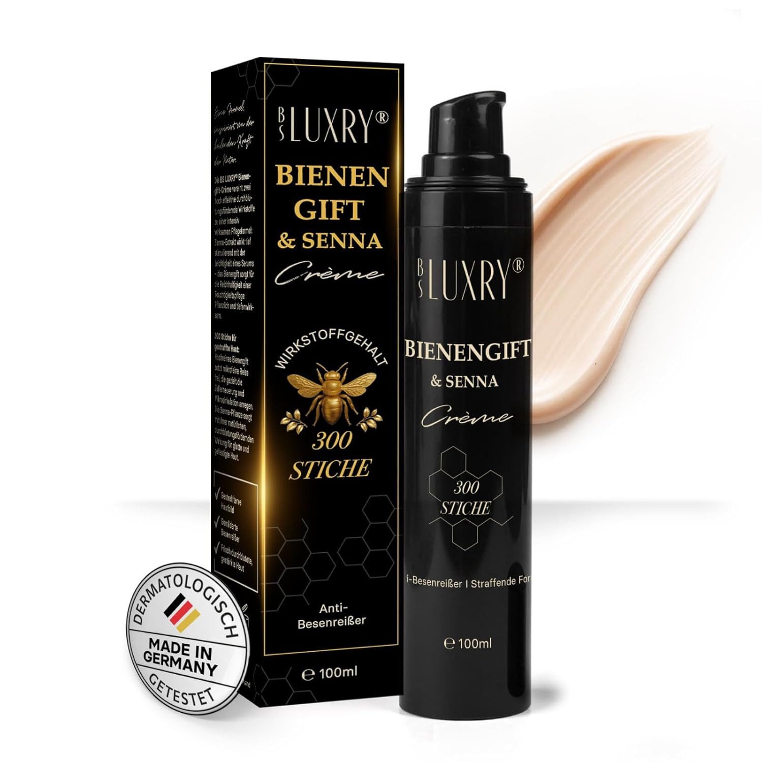 BS Luxry® Körpercreme Bienengift & Senna Bienengiftsalbe Pflege Vegan und bienenschonend hergestellt Made in Germany - Premiumqualität, Bienengiftsalbe gegen Besenreiser, Cellulite, Arthrose & Krampfadern