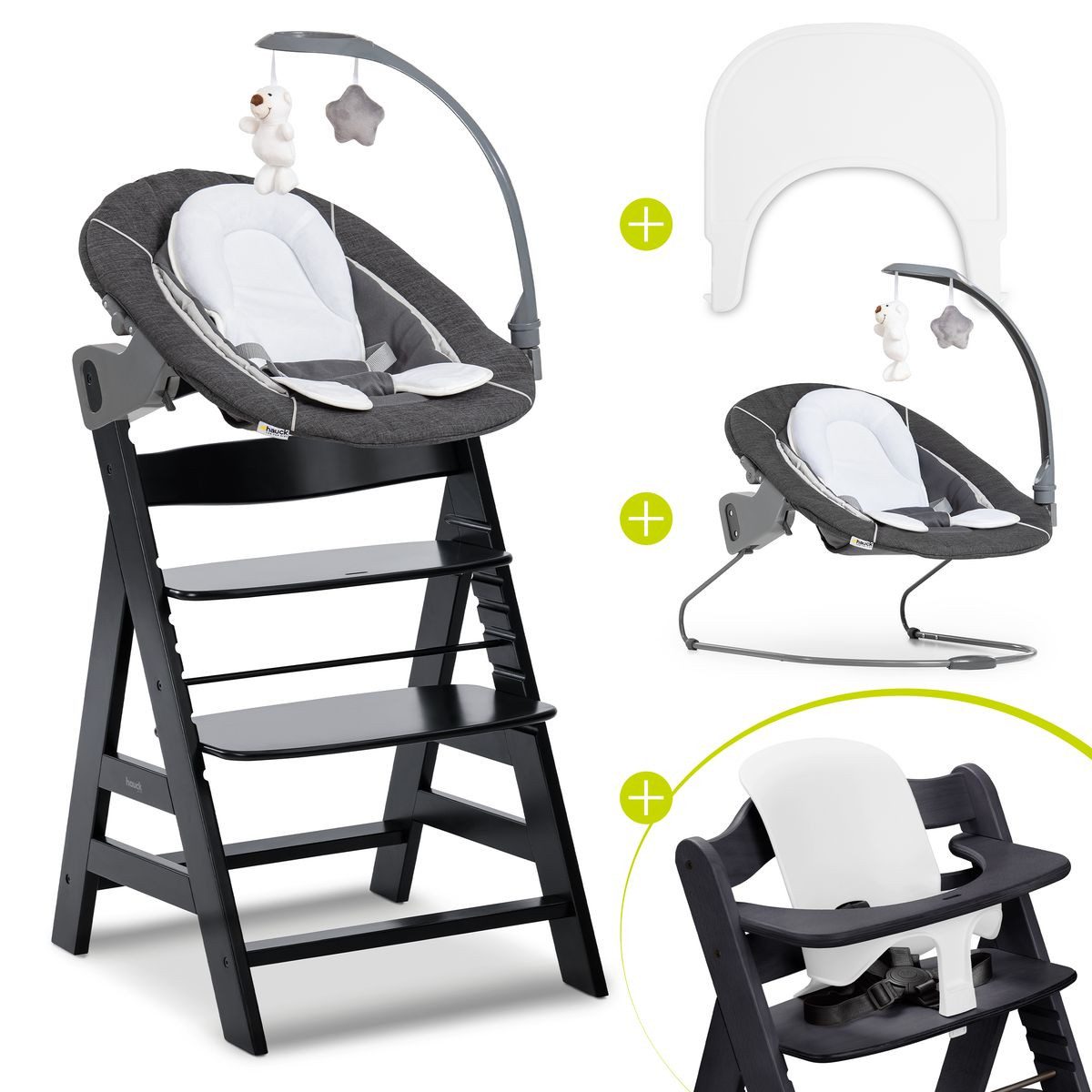 Hauck Hochstuhl Alpha Plus Newborn Set Deluxe - Black, Holz Babystuhl ab Geburt mit Neugeborenenaufsatz, Essbrett & Baby Seat