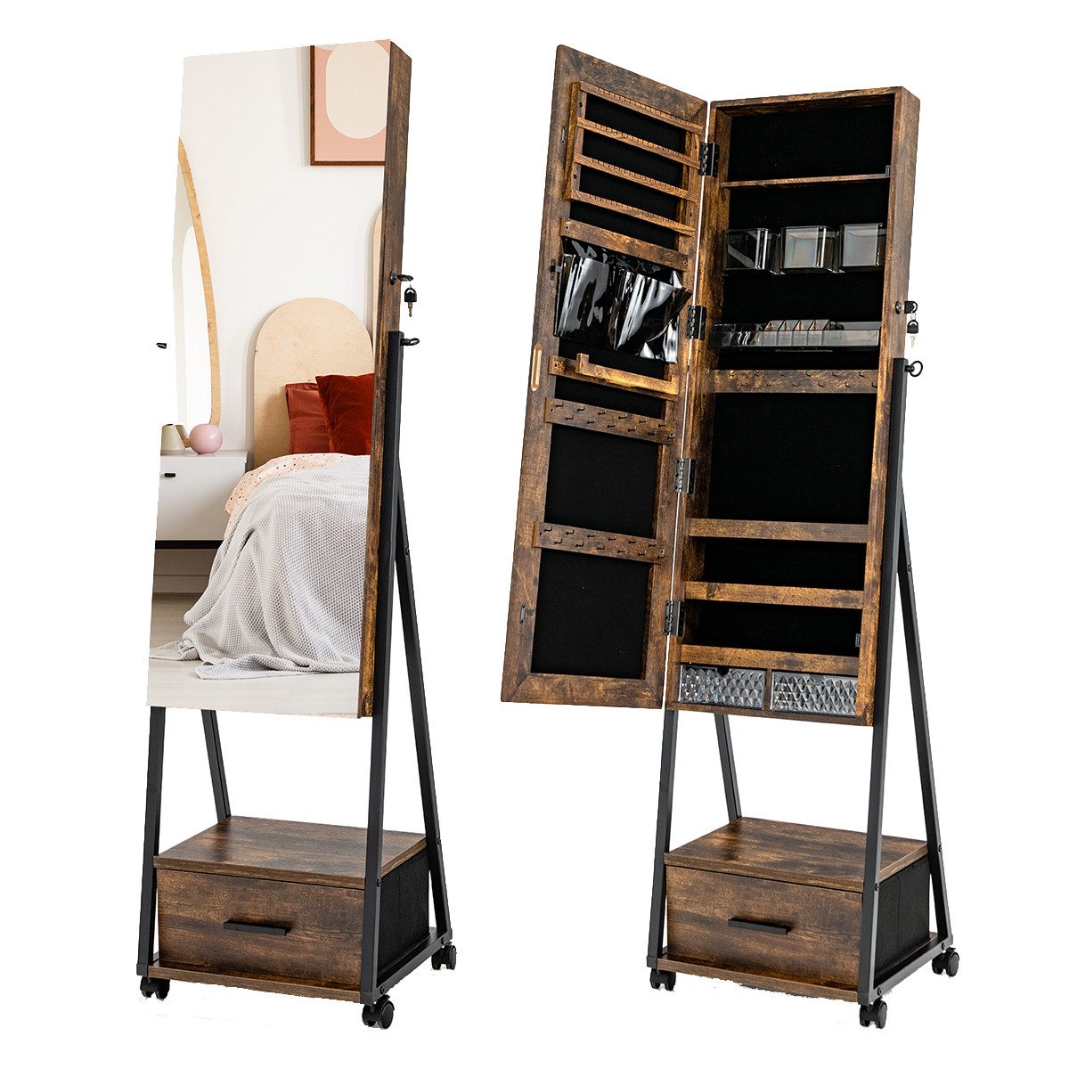 COSTWAY Schmuckschrank mit Spiegel, Schublade, stehend, günstig online kaufen