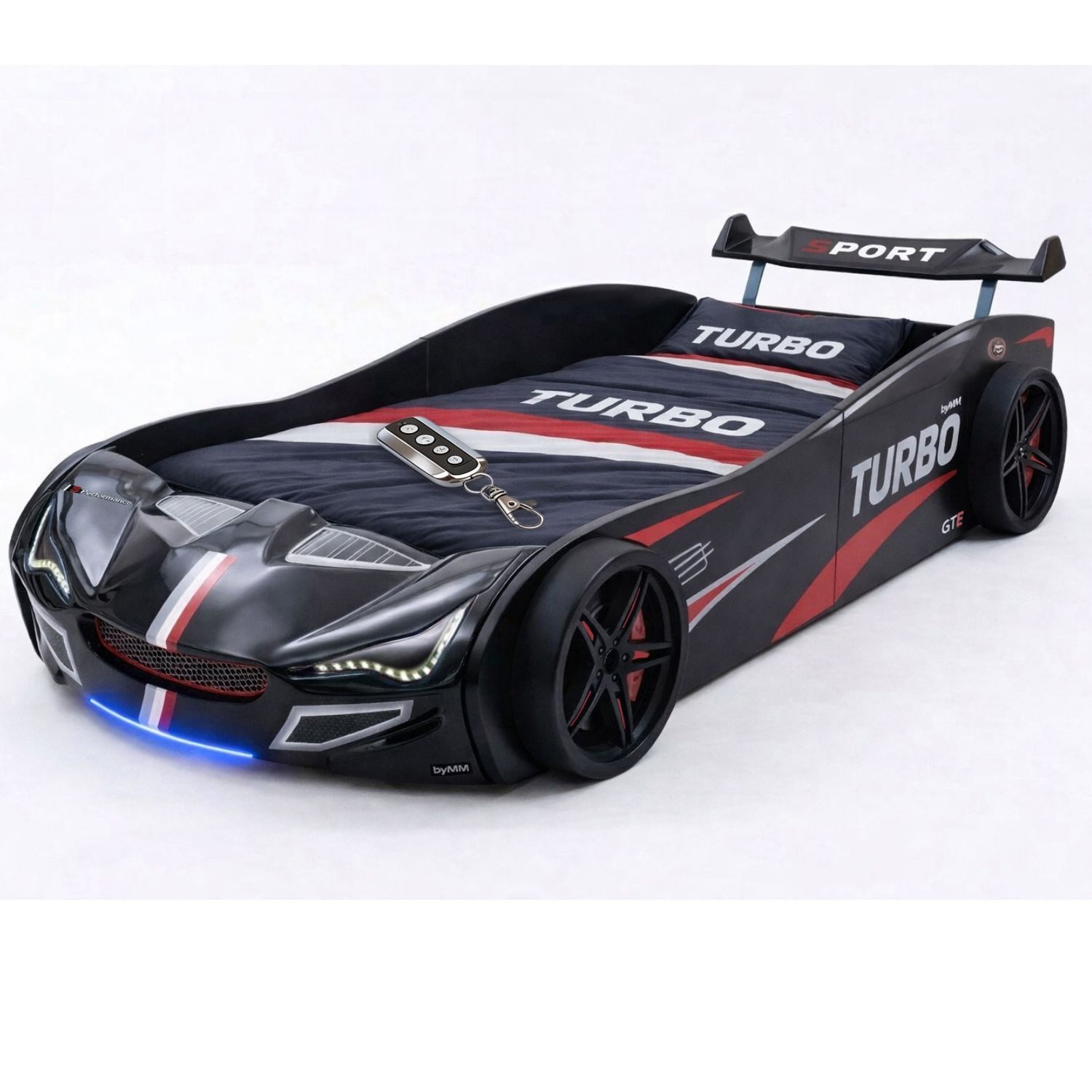 Coemo Autobett GTE (1-tlg., Komplett-Set Bett und Lattenrost), Schwarz Autobett Rennwagen GTE mit Lattenrost Licht Motorgeräusche