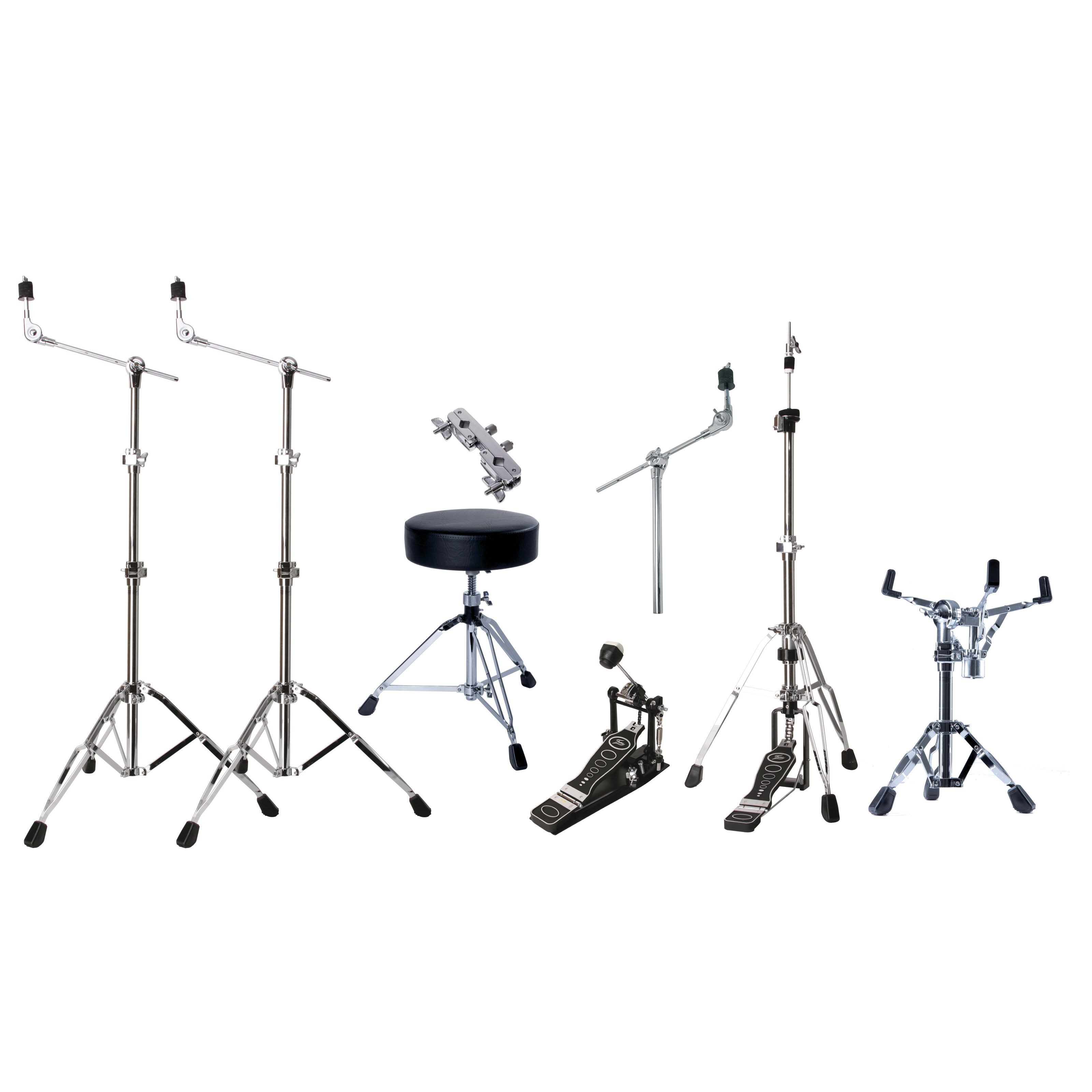 FAME Musikinstrumentenständer, (Drum Hardware Set Doppelstrebig Verchromt Galgenbeckenständer Hi-Hat-Ständer Snare-Ständer Beckenhalter Multi Clamp Drumhocker Einzelpedal Drummer Handtuch, Hardware, Hardware Sets), Drum Hardware Set, Doppelstrebig, Galgenbeckenständer