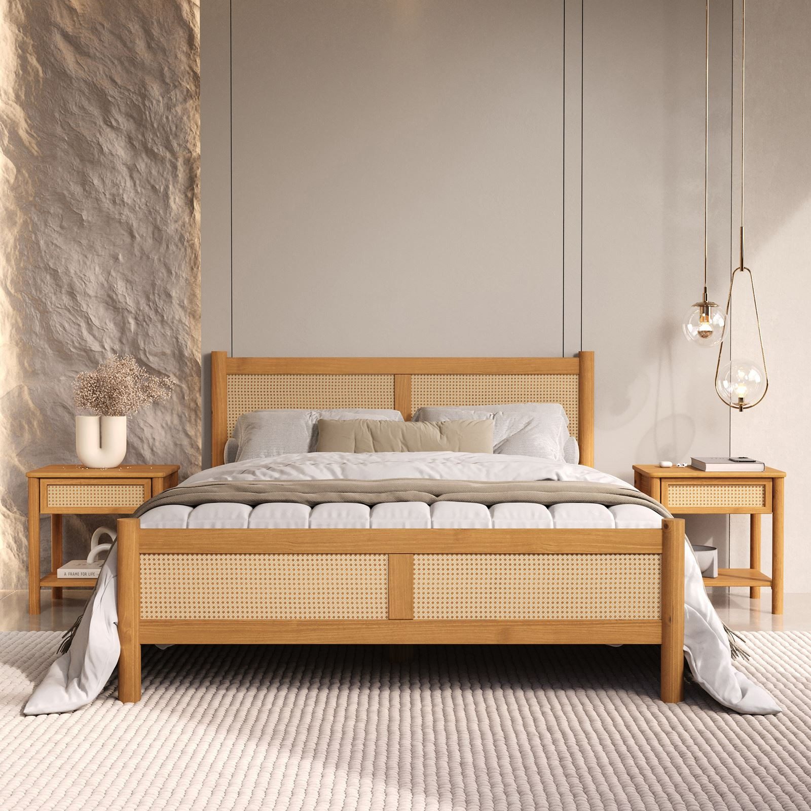 IDIMEX Massivholzbett CEFIRA, Doppelbett 140x200 cm mit Rattangeflecht Eiche Finish