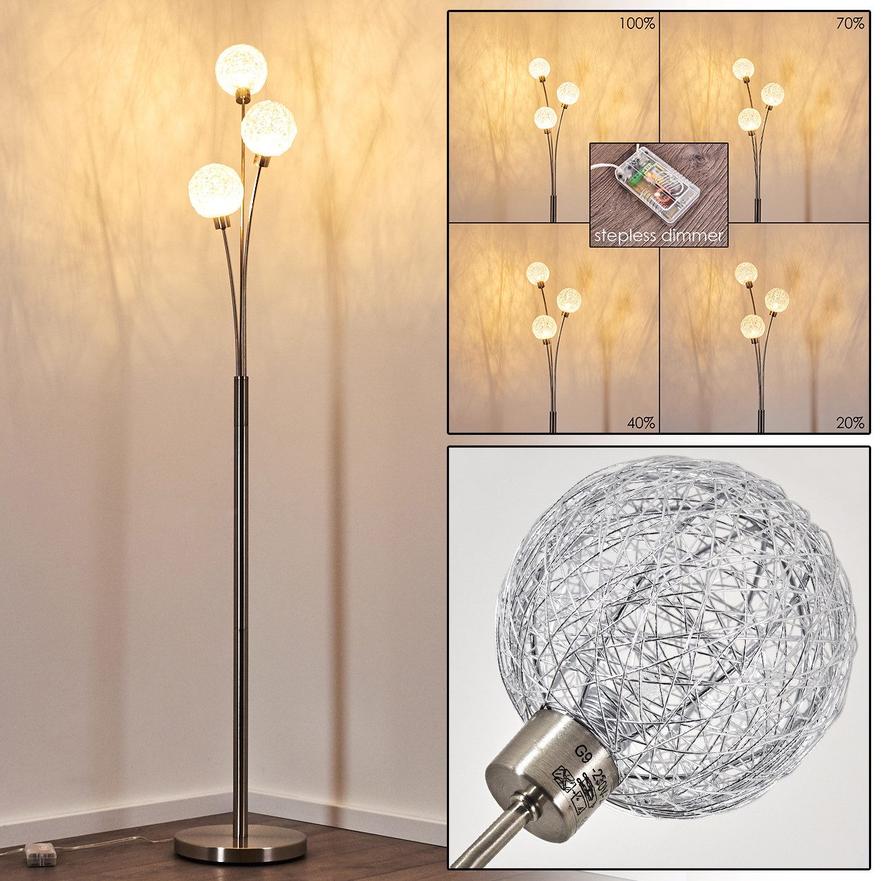 hofstein Stehlampe »Lerici« Stehleuchte Nickel-matt/Silberfarben, stufenlos günstig online kaufen