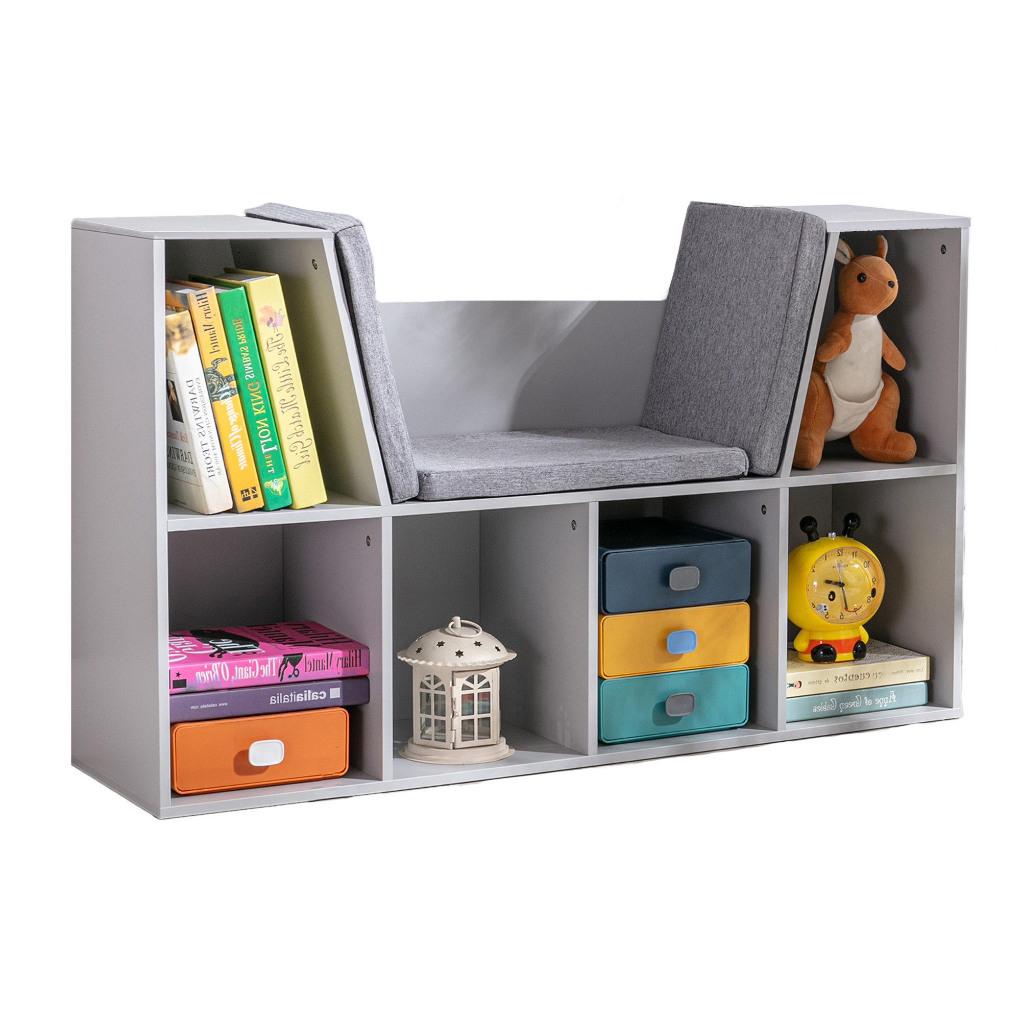 HOMCOM Kinderregal Kinder Spielzeugregal Spielzeug-Organizer für Spielzimmer 103x30x62 cm, Bücherregal mit Sitzhocker 1-tlg., mit 6 Fächern, 3 Kissen, für Kinderzimmer, Wohnzimmer, Grau