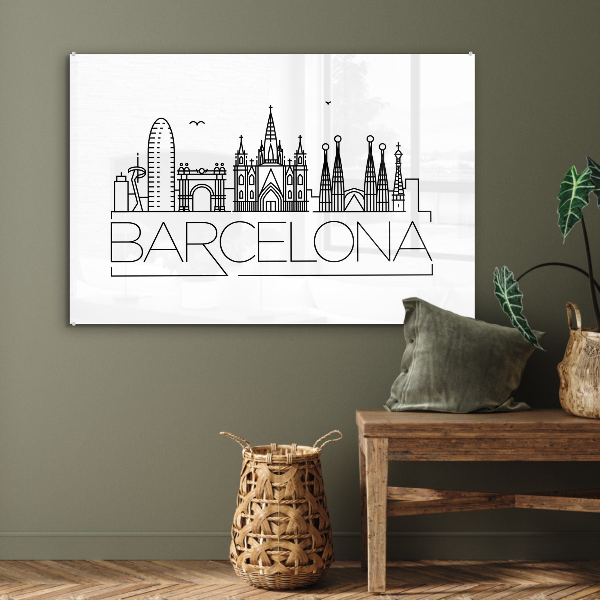 MuchoWow & Wohnzimmer Skyline St), (1 weiß, Acrylglasbild auf Acrylglasbilder Schlafzimmer "Barcelona" schwarz