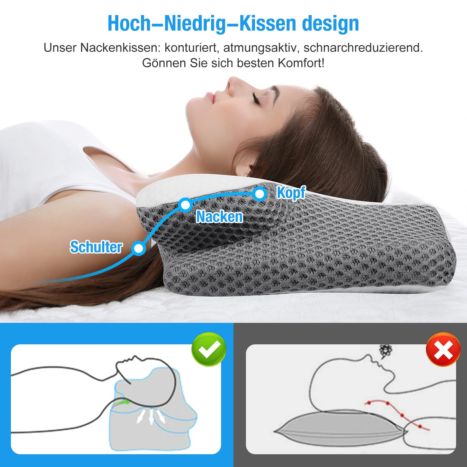 Simloveve Nackenstützkissen Orthopädisches Kissen Memory Foam KopfKissen Seitenschläferkissen, Füllung: Memory Foam, 4 Bereiche bieten umfassende Unterstützung für Nacken, Schultern und Arme, Linderung von Schulter- und Nackenverspannungen, Erhaltung der natürlichen Nackenkurve, Reduzierung von Schnarchen