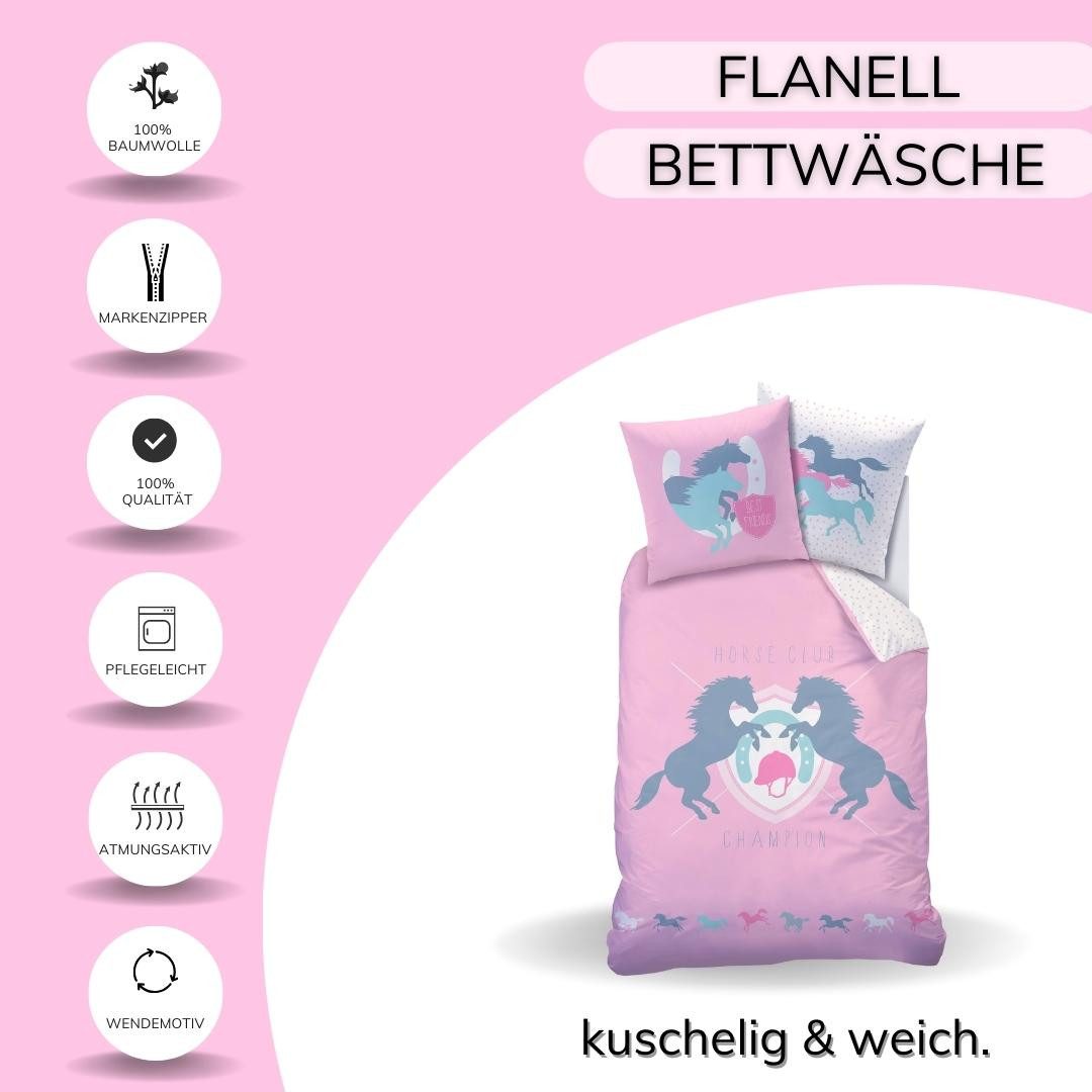 MTOnlinehandel Bettwäsche 135x200 + 80x80 cm Biber „Horse Club“ Pferde-Motiv warm & kuschelig, 100% Baumwolle, 2 teilig, mit detailreichem Wende-Design