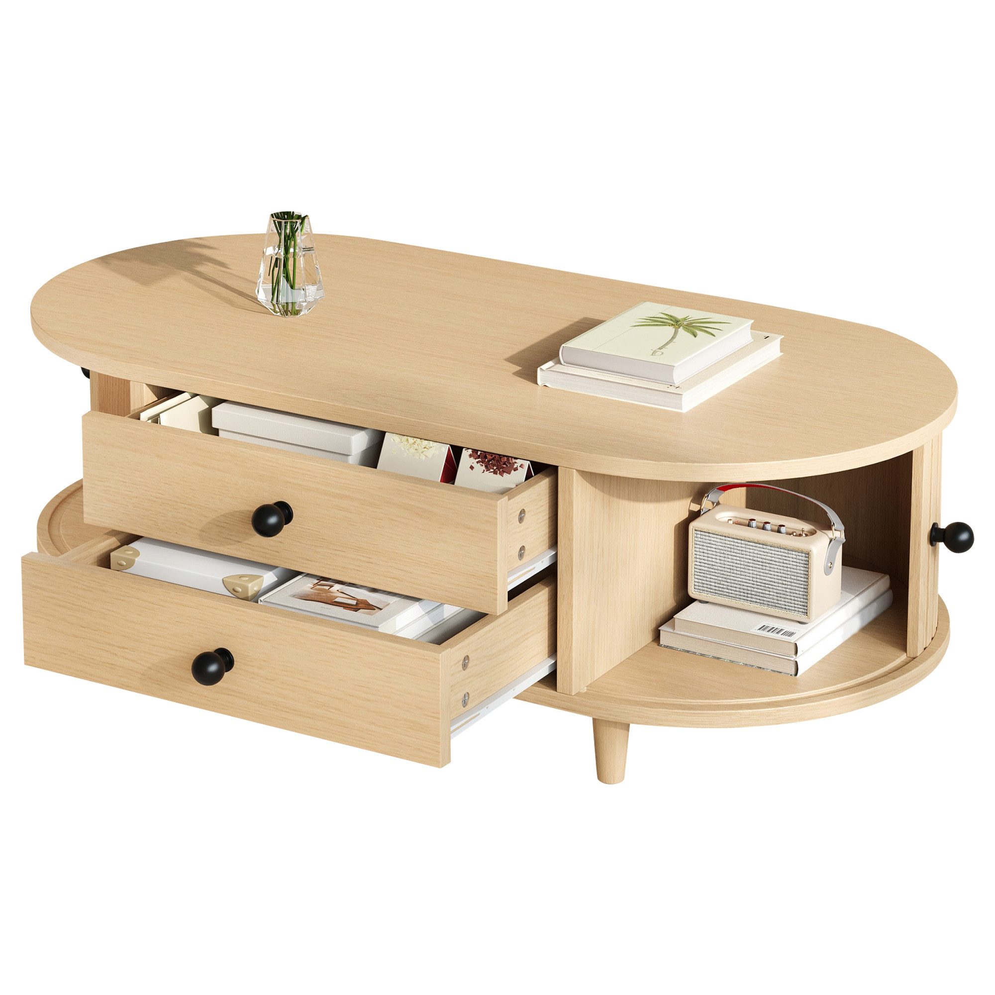 Merax Couchtisch Sofatisch oval Beistelltisch mit Massivholzbeinen (1-St), Wohnzimmertisch mit Rolltüren, 2 Schubladen & Stauraum, 100x50x36cm