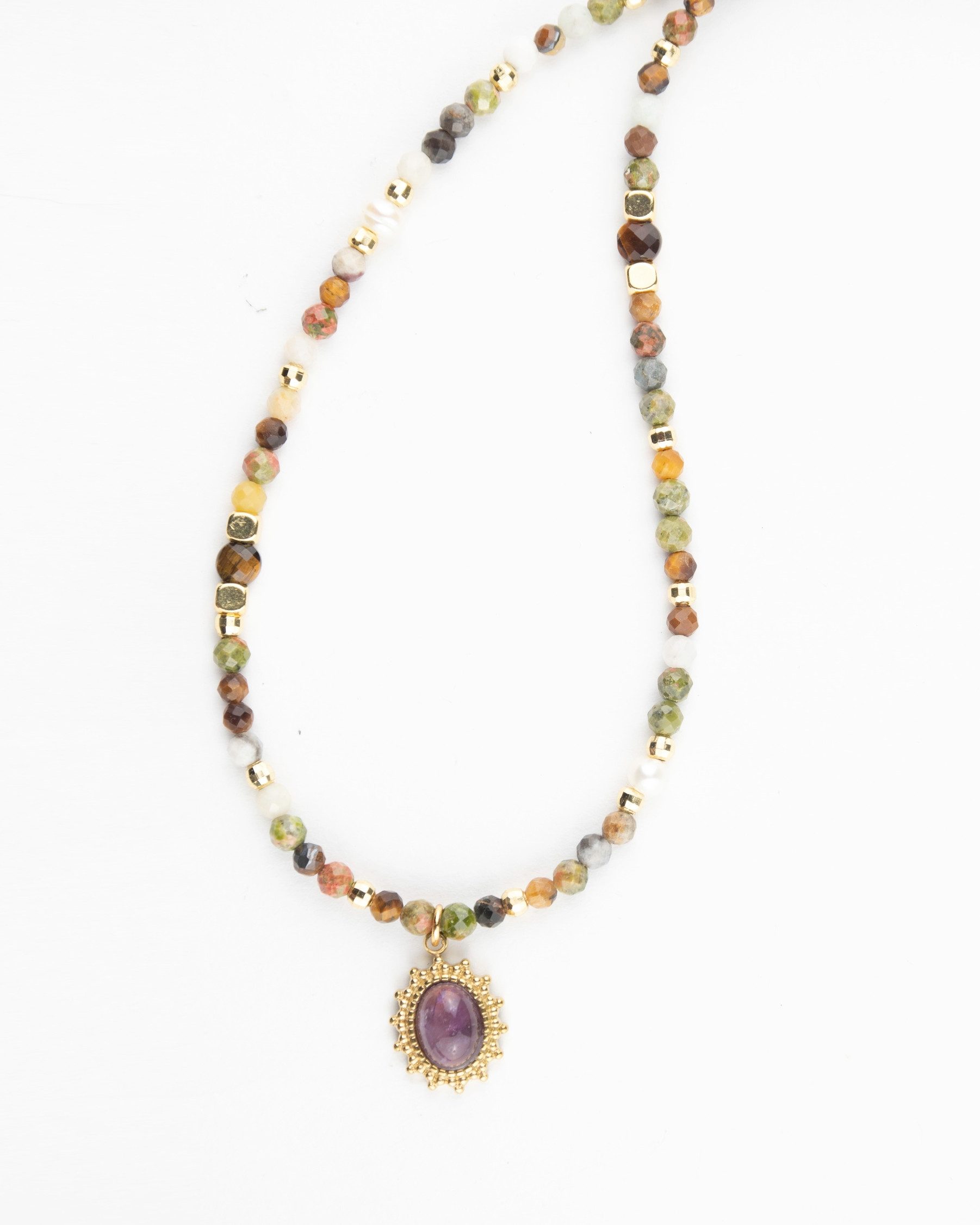 MayTree Collier Edelsteinkette mit Amethyst-Anhänger (Stück, 1-tlg), Naturstein, Indischer Achat, mit 18K vergoldeter Verschlusskette